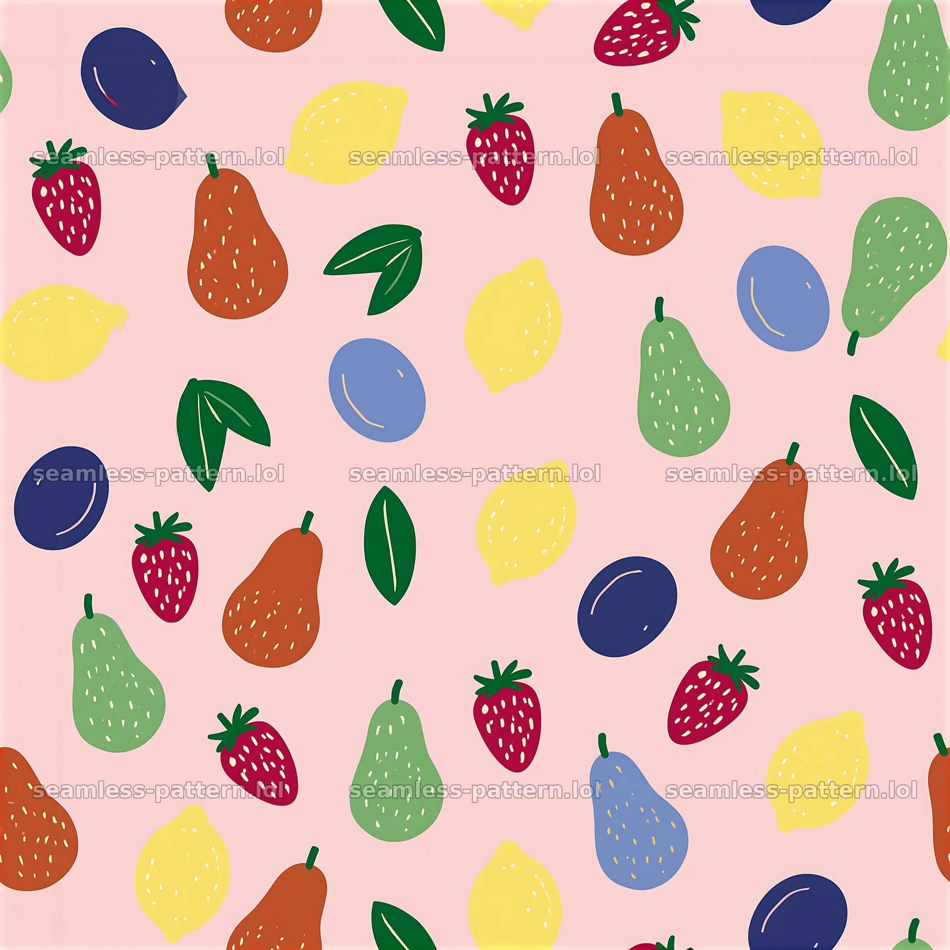 Funky fruit seamless pattern with colorful fruits on pink background — seamless tileable pattern at 8192x8192