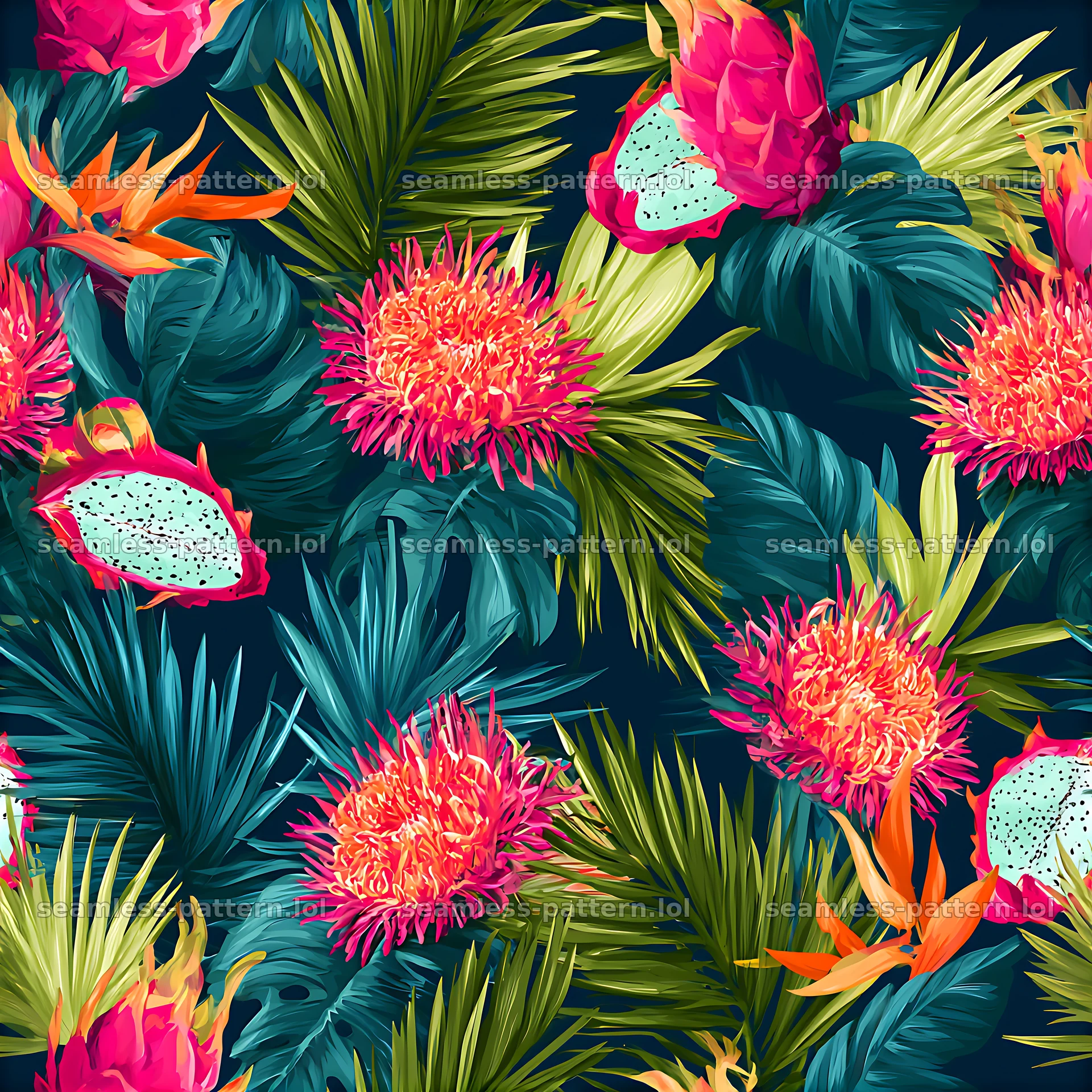 Colorful tropical seamless pattern with flowers and leaves — seamless tileable pattern at 8192x8192