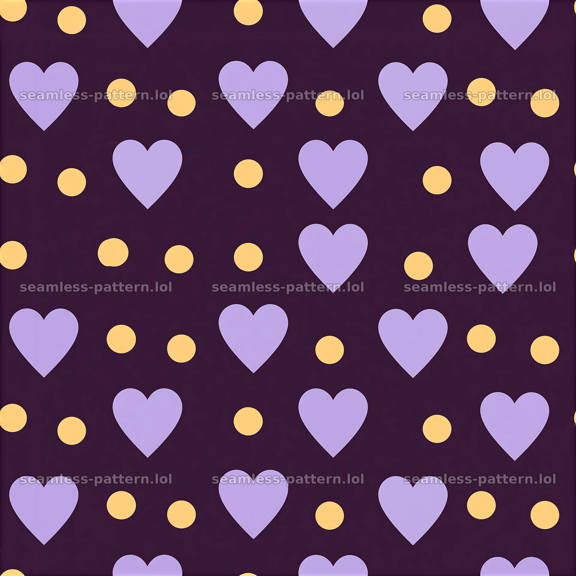 Seamless heart and polka dot pattern on dark purple background — seamless tileable pattern at 8192x8192