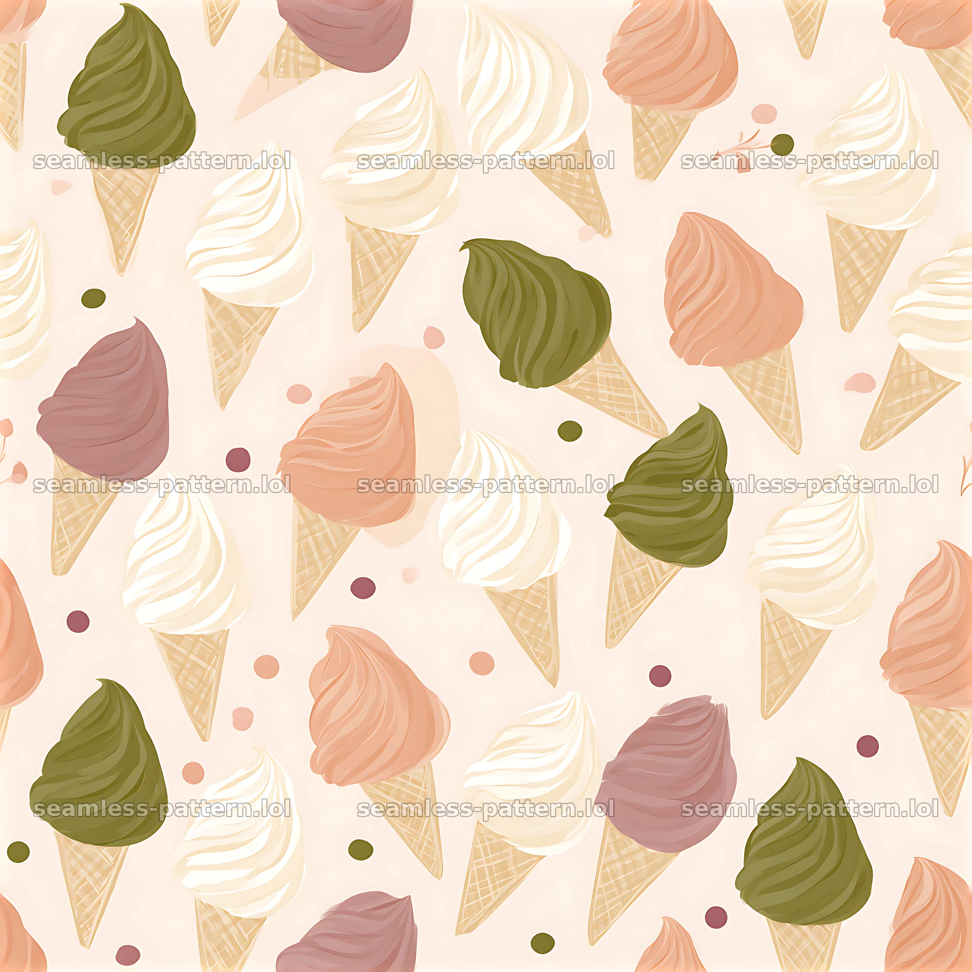 Cute ice cream seamless pattern featuring various ice cream cones — seamless tileable pattern at 8192x8192