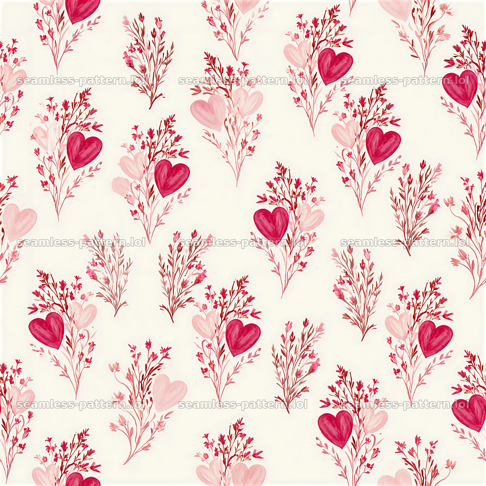 Seamless romantic heart pattern with floral motifs in red and pink shades — seamless tileable pattern at 8192x8192