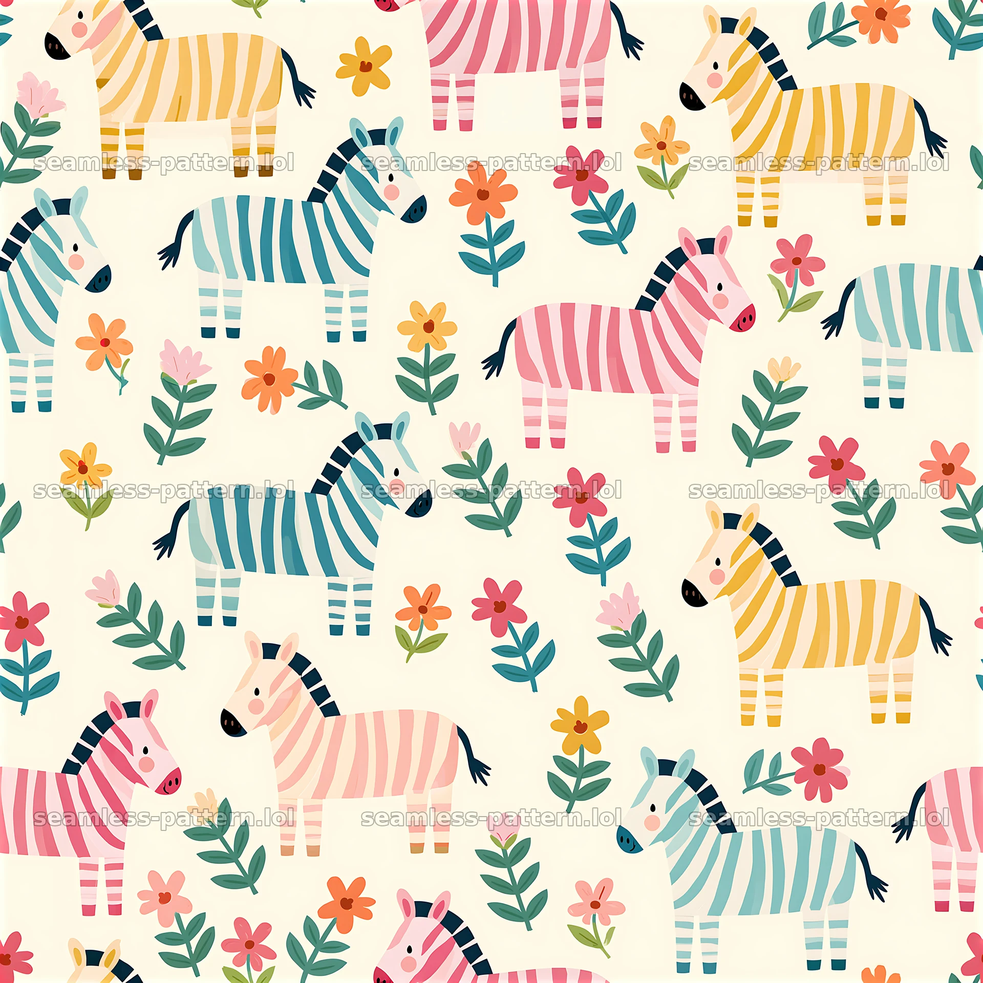 Colorful zebra seamless pattern with flowers and green leaves — seamless tileable pattern at 8192x8192