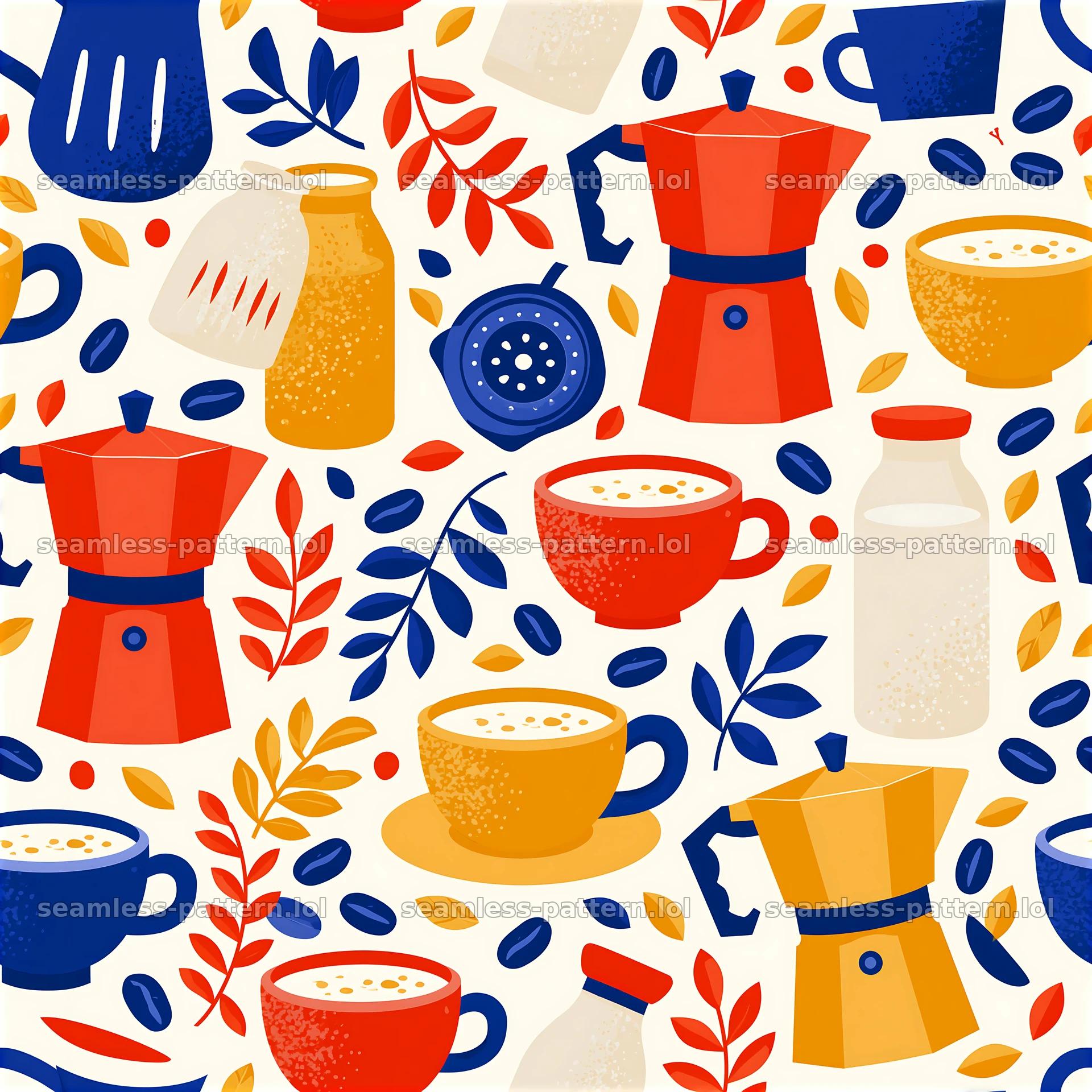 Seamless coffee kitchen pattern with cups, coffee pots, and leaves — seamless tileable pattern at 8192x8192