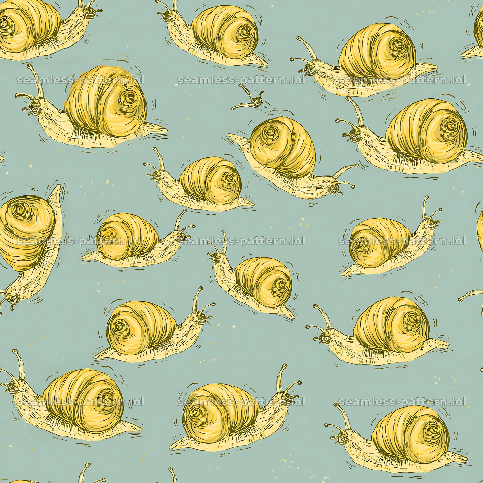 Repeating pattern of hand-drawn snails in a simple design — seamless tileable pattern