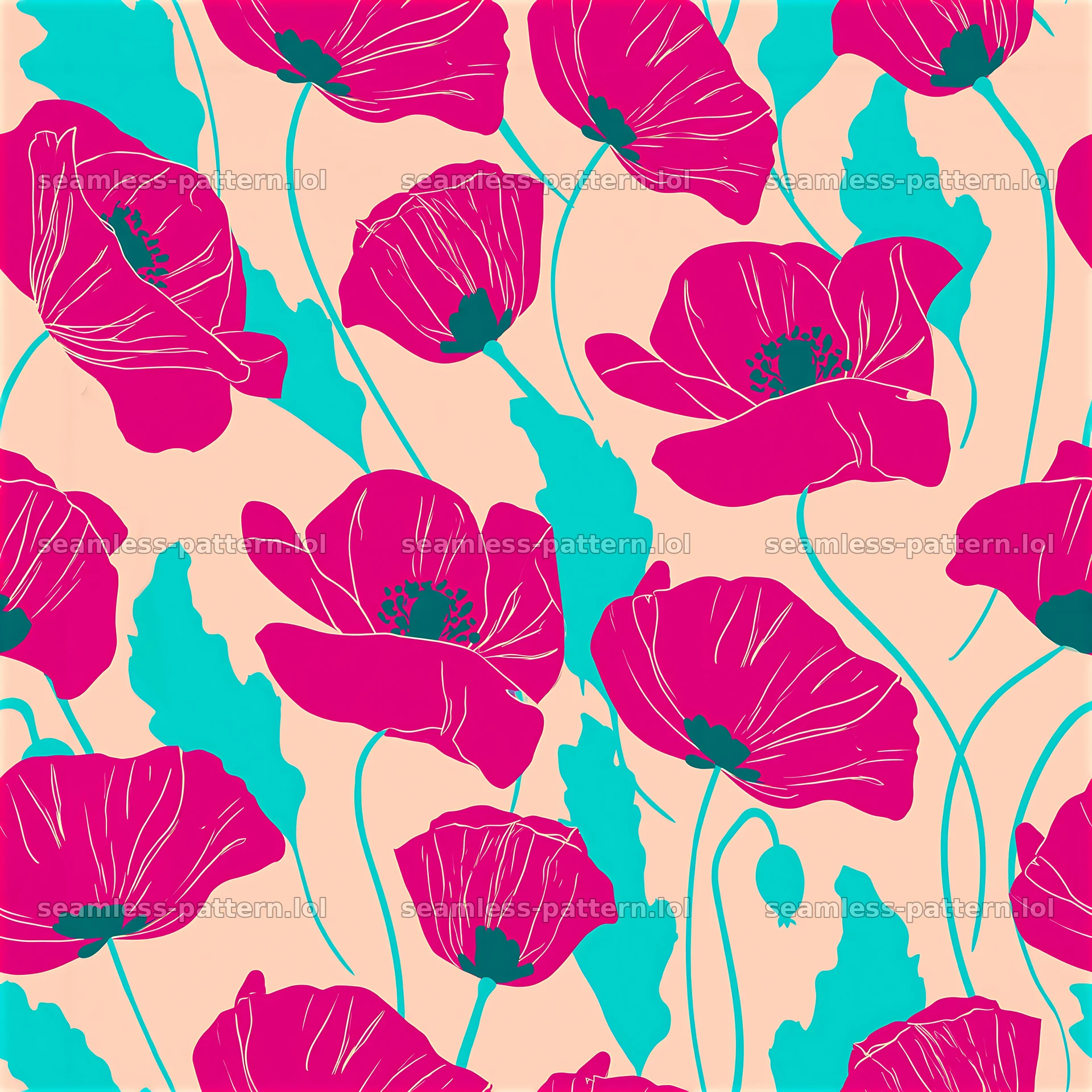 Poppy repeat pattern in vibrant pink and turquoise on soft background — seamless tileable pattern at 8192x8192