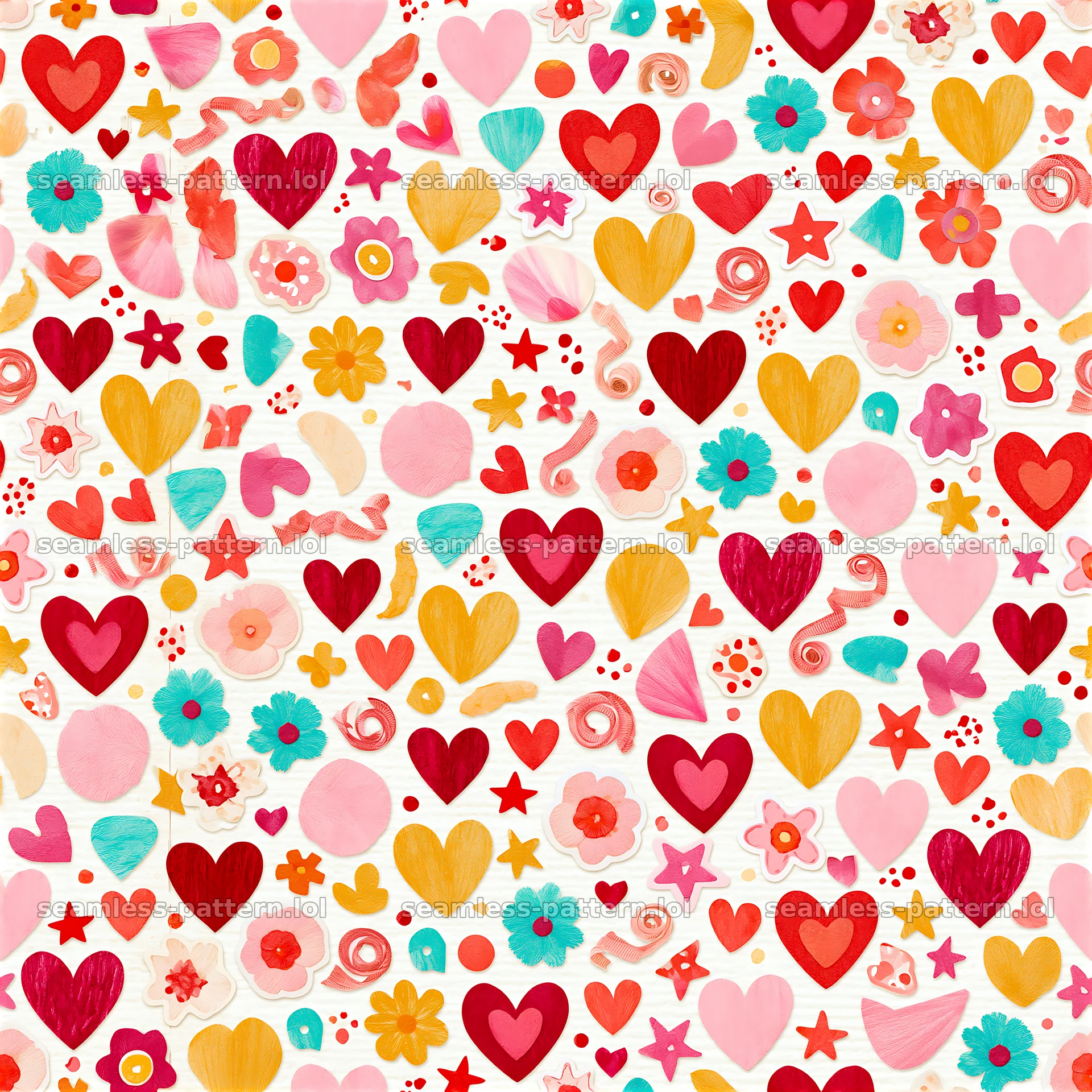 Valentine scrapbook repeat pattern with hearts and flowers — seamless tileable pattern at 8192x8192