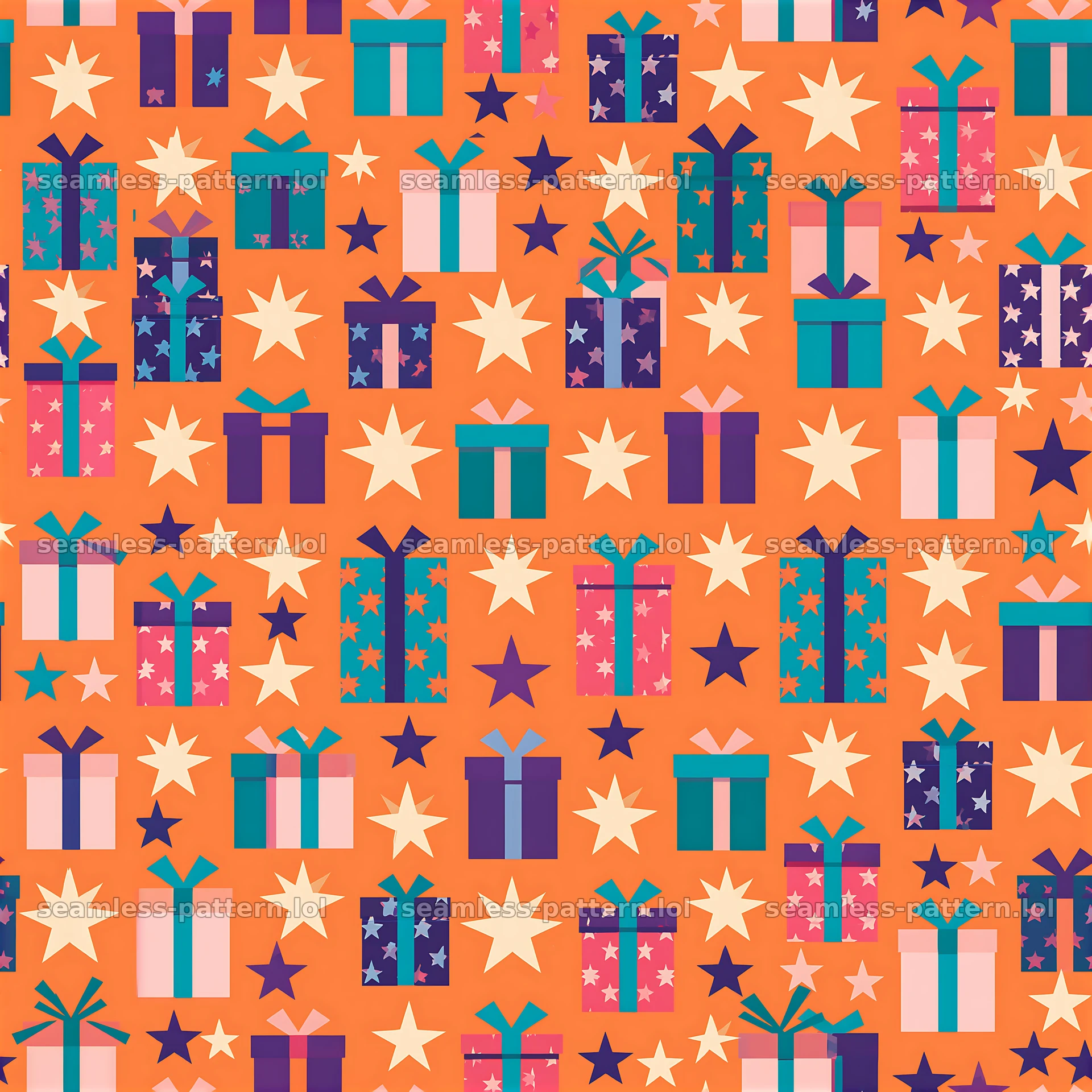 Repeating pattern of tiny presents and festive stars in bright colors — seamless tileable pattern at 8192x8192