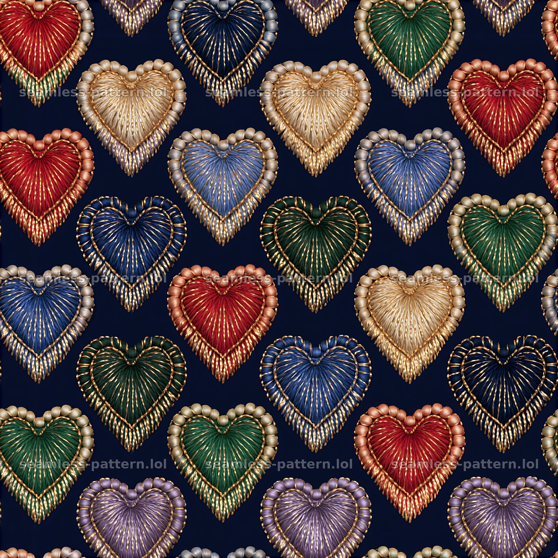 Heart embroidery tileable pattern with colorful heart motifs — seamless tileable pattern at 8192x8192