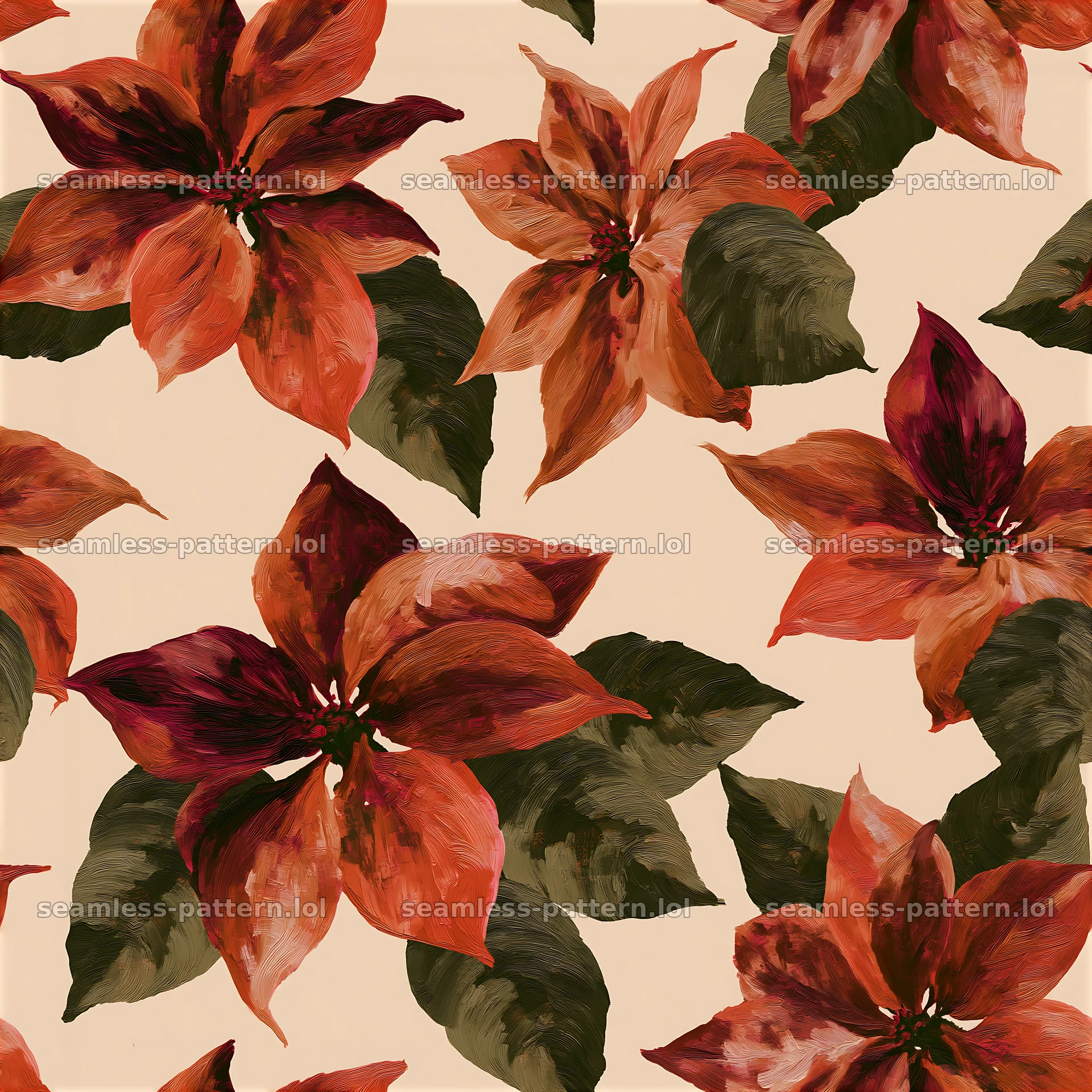 Repeat poinsettia pattern with vibrant flowers and green leaves — seamless tileable pattern at 8192x8192