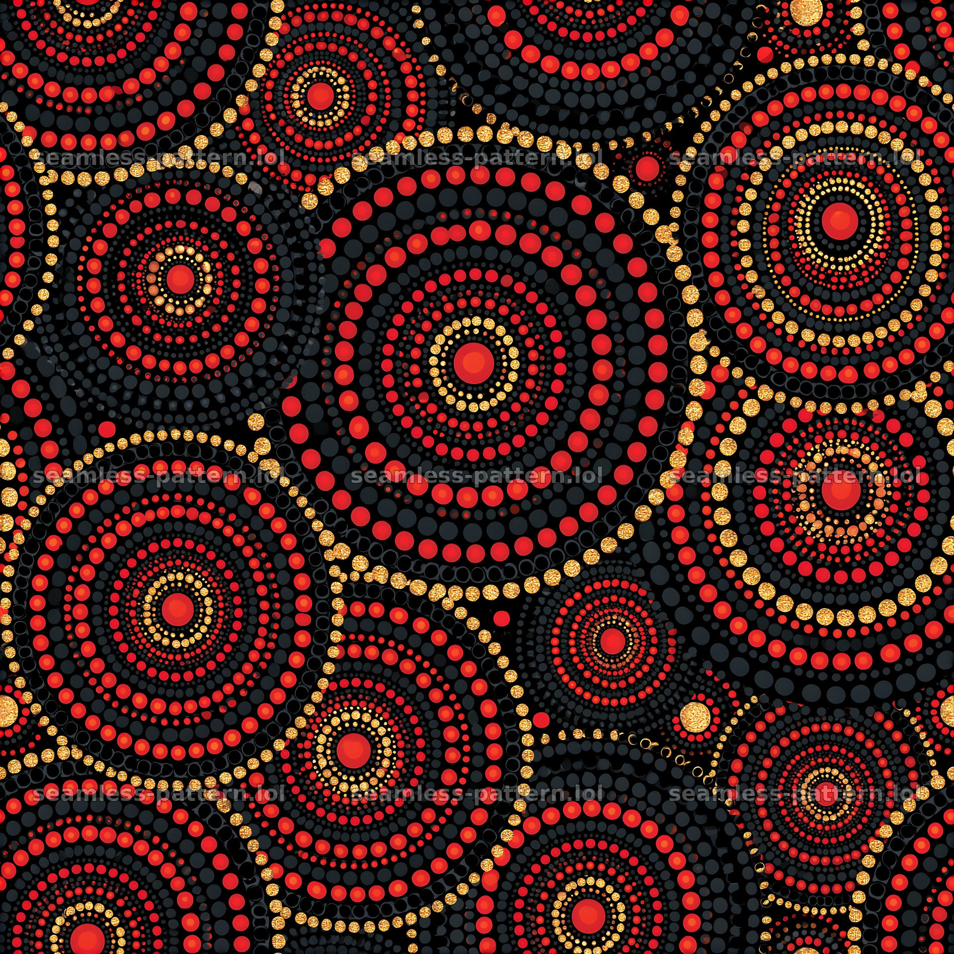 Dotted black red gold seamless pattern with circular motifs — seamless tileable pattern at 8192x8192