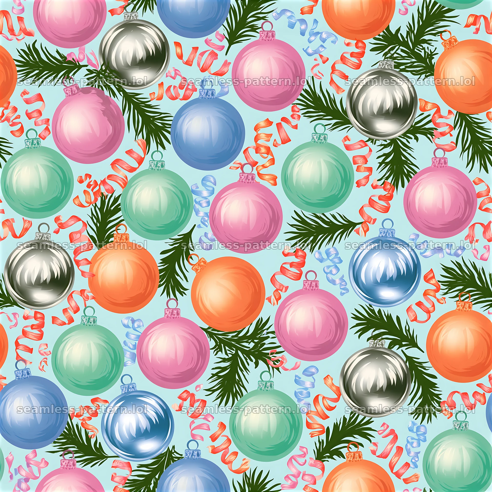 Colorful Christmas seamless pattern with metallic baubles — seamless tileable pattern at 8192x8192