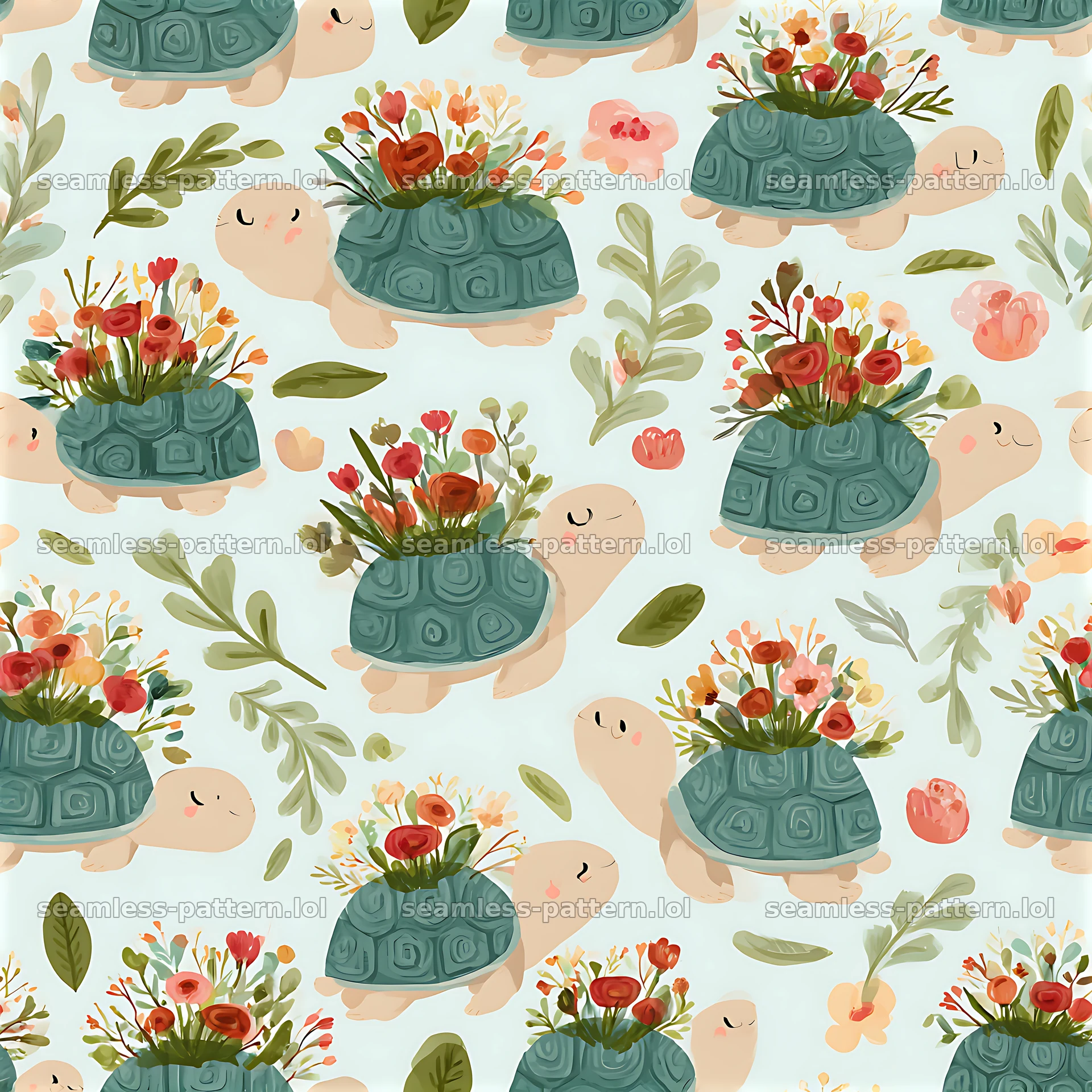 Cute turtle seamless pattern with flowers on a light blue background — seamless tileable pattern at 8192x8192