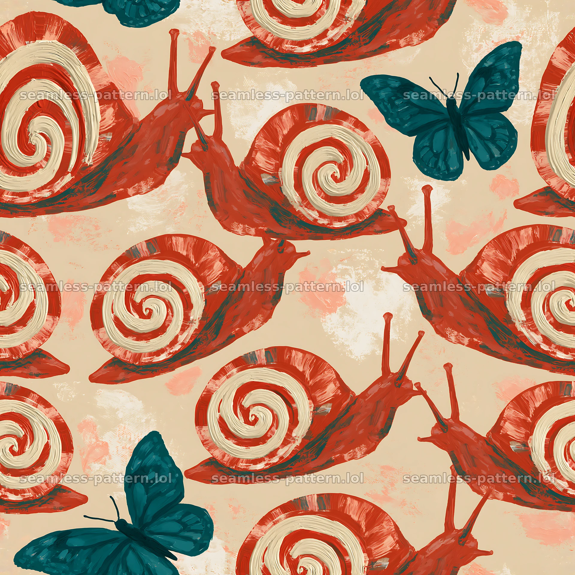 Red snail pattern with butterflies, repeating pattern — seamless tileable pattern