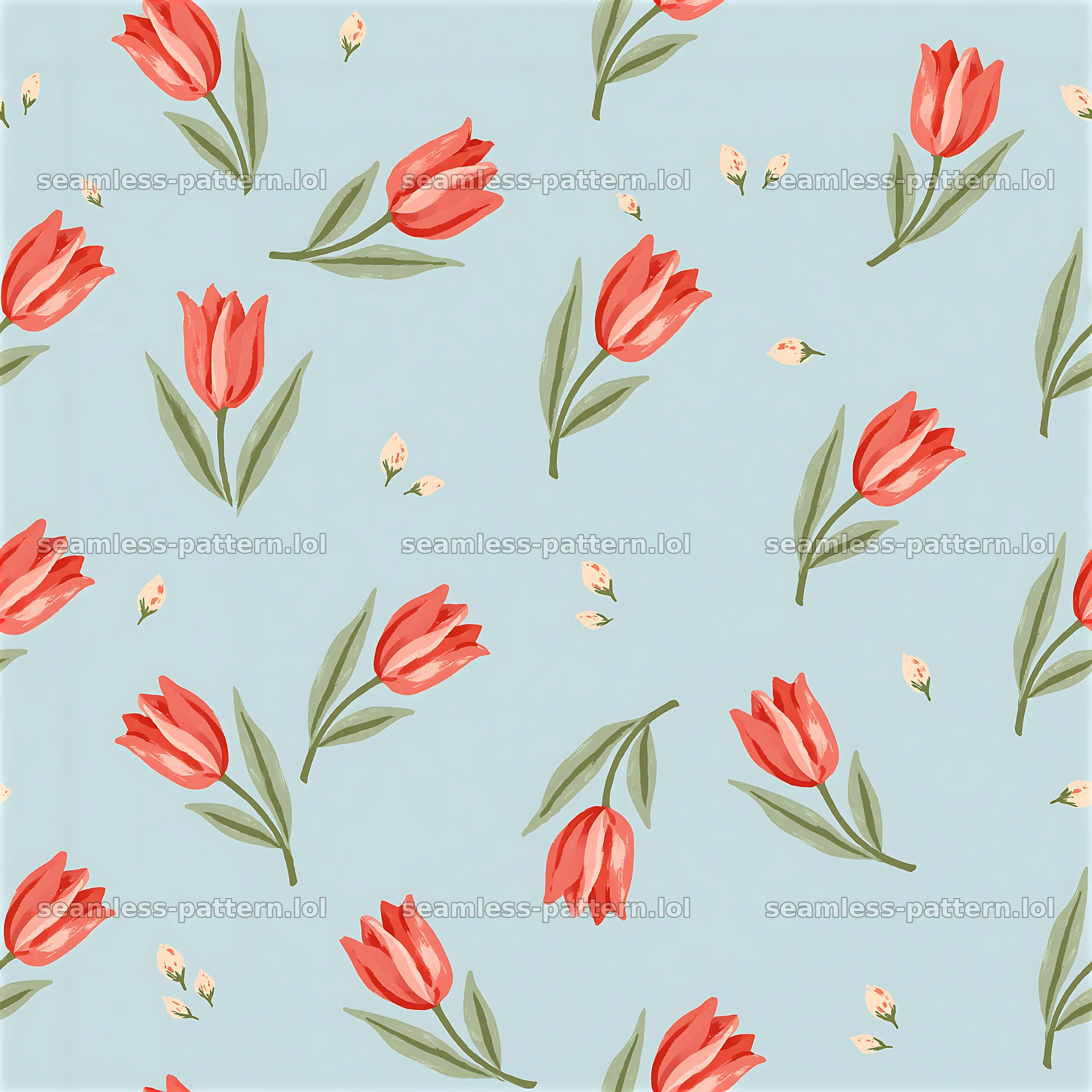 Tulip repeating pattern on a soft blue background — seamless tileable pattern at 8192x8192