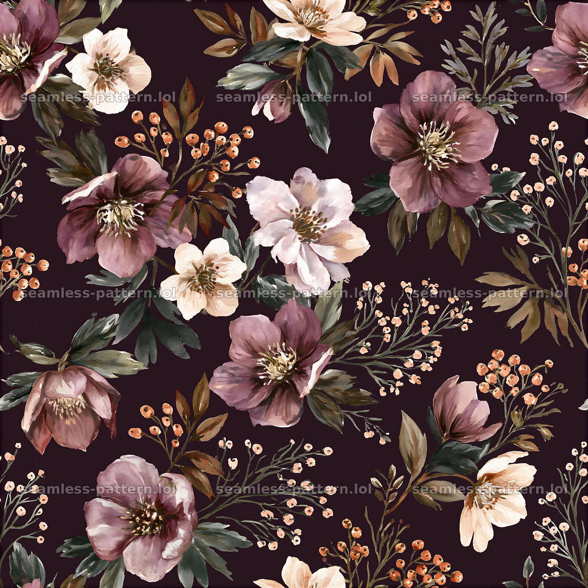 Watercolor floral repeating pattern with dark background — seamless tileable pattern at 8192x8192