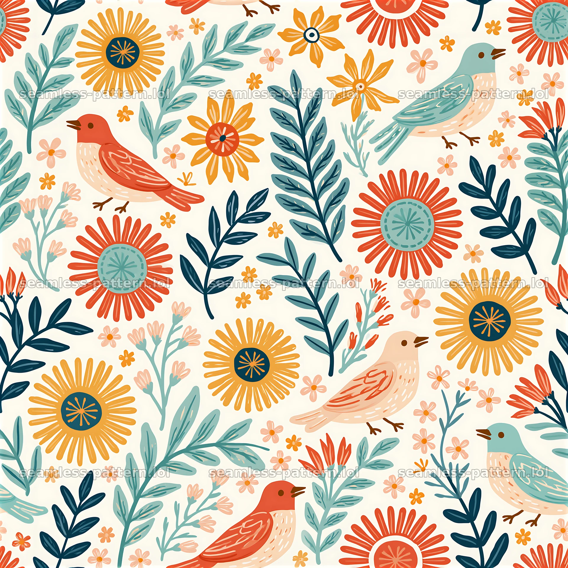 Colorful folk art seamless pattern with birds and flowers in natural setting — seamless tileable pattern at 8192x8192
