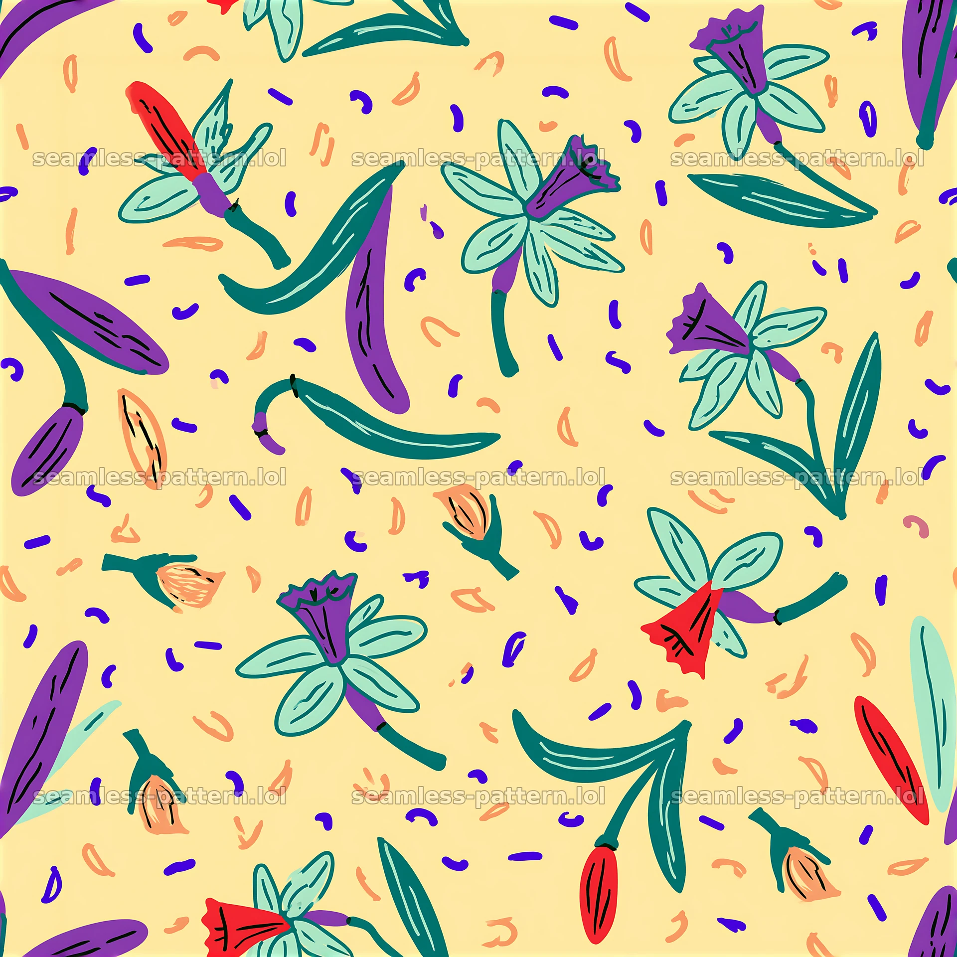 Funky floral doodles seamless pattern in bright colors on soft background — seamless tileable pattern at 8192x8192