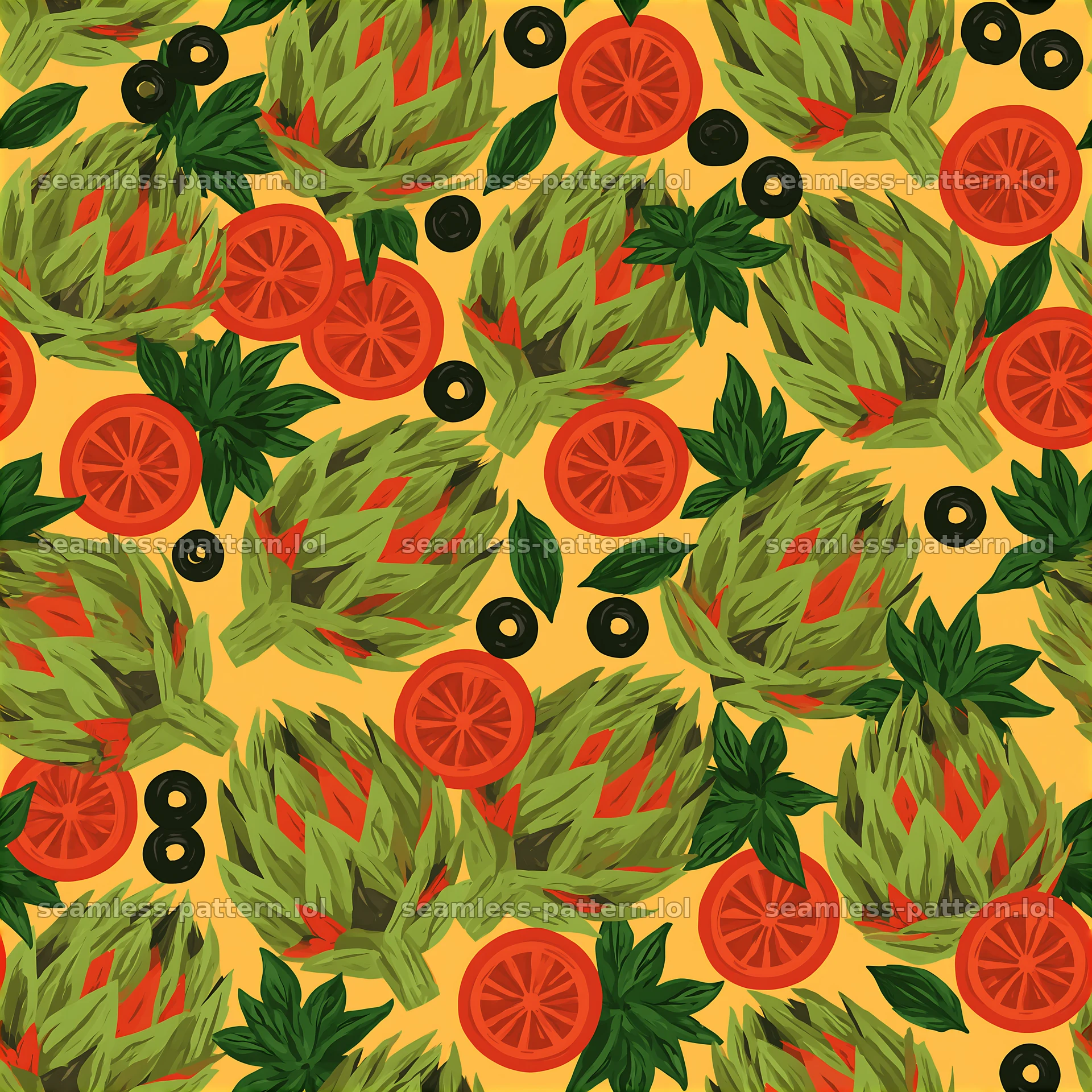 Seamless artichoke pizza pattern with orange slices and black olives — seamless tileable pattern at 8192x8192