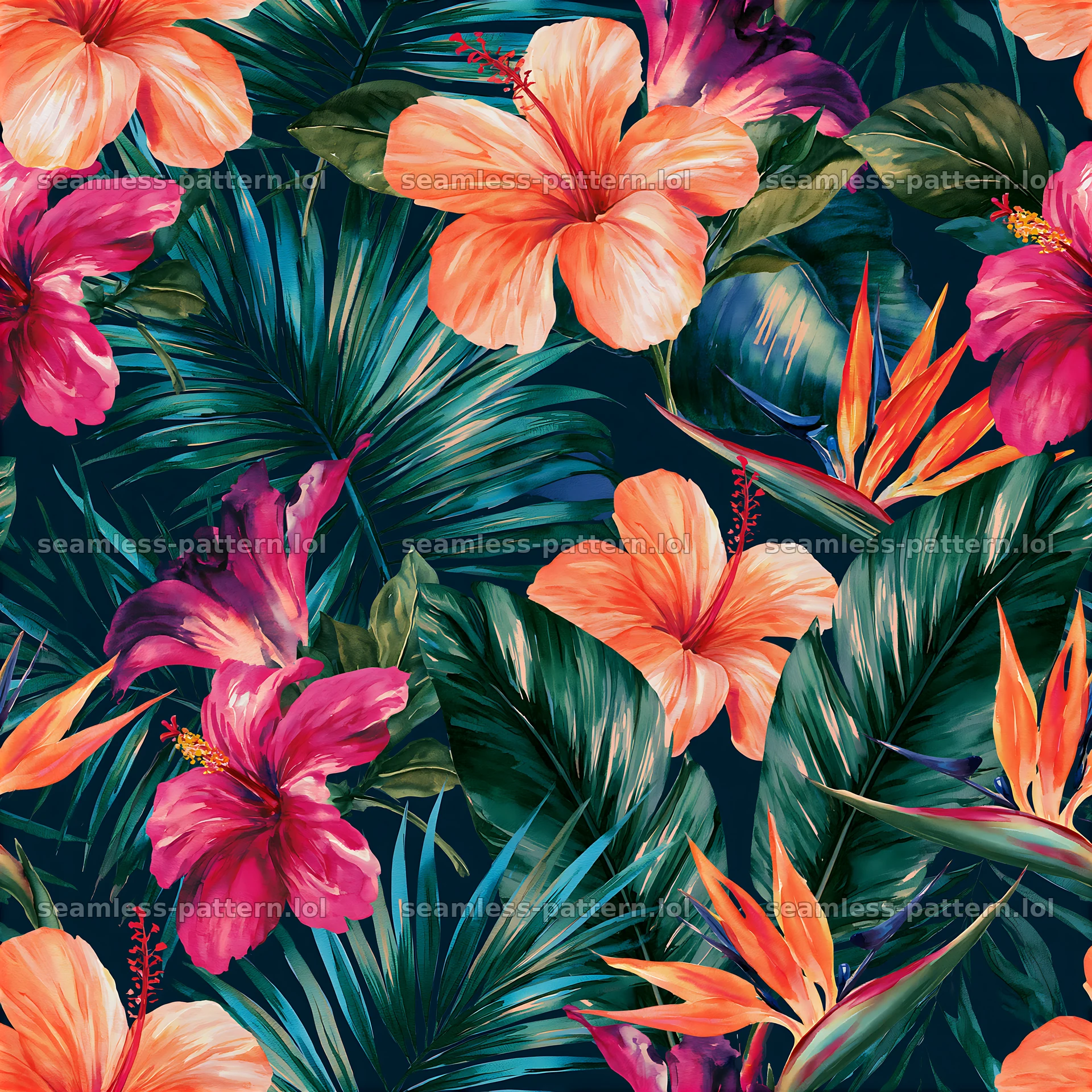 Watercolor floral repeat pattern with hibiscus and tropical leaves — seamless tileable pattern at 8192x8192