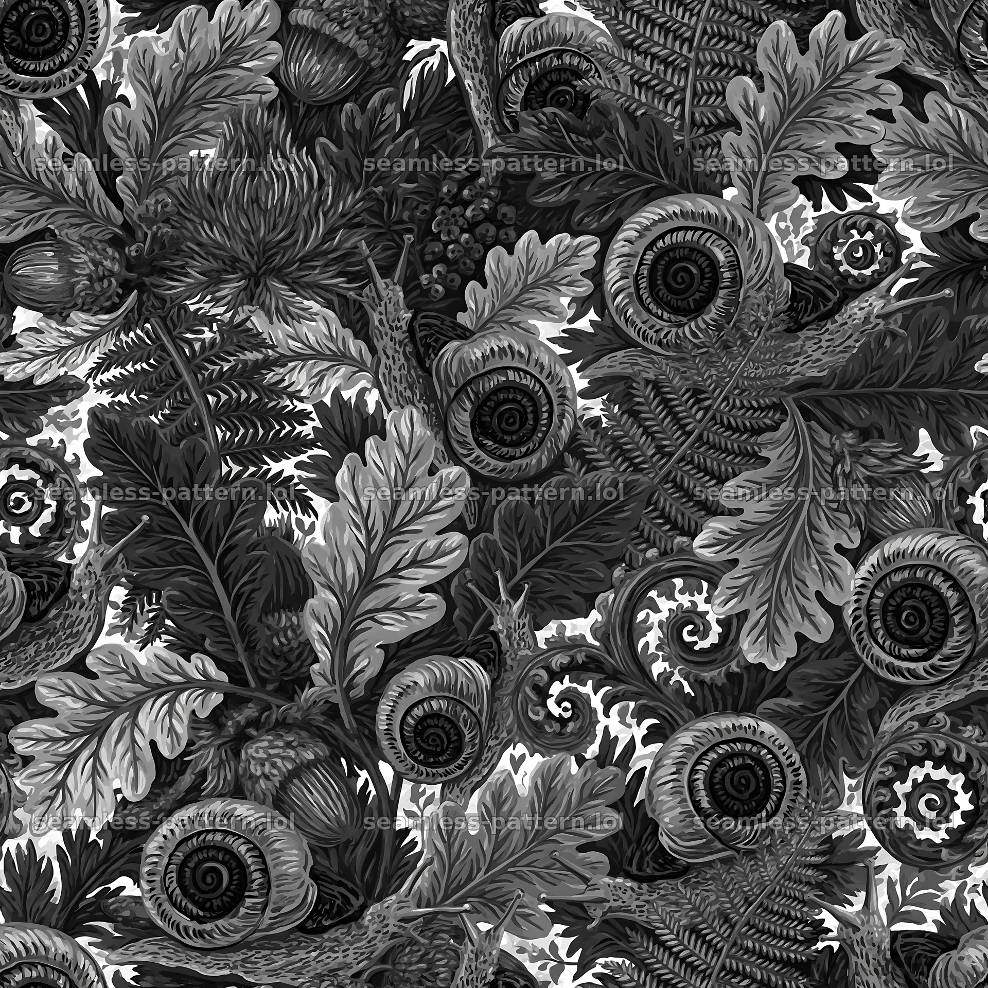 Red snail and foliage repeat pattern for fabric and wallpaper — seamless tileable pattern