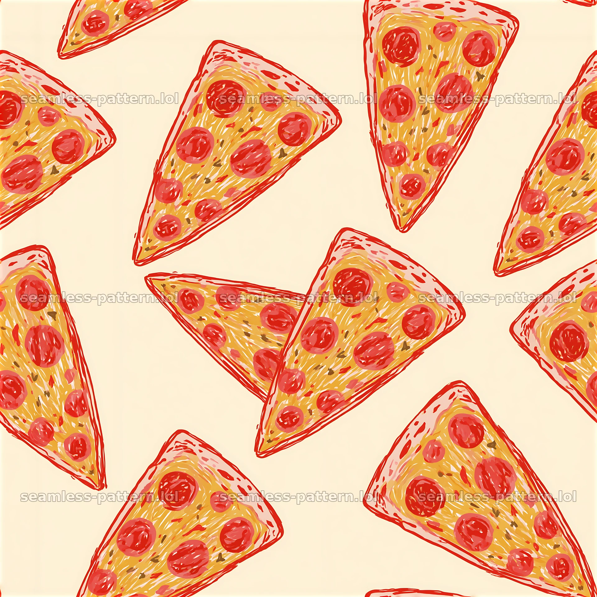Seamless red and yellow pizza pattern showcases playful slices and color — seamless tileable pattern at 8192x8192