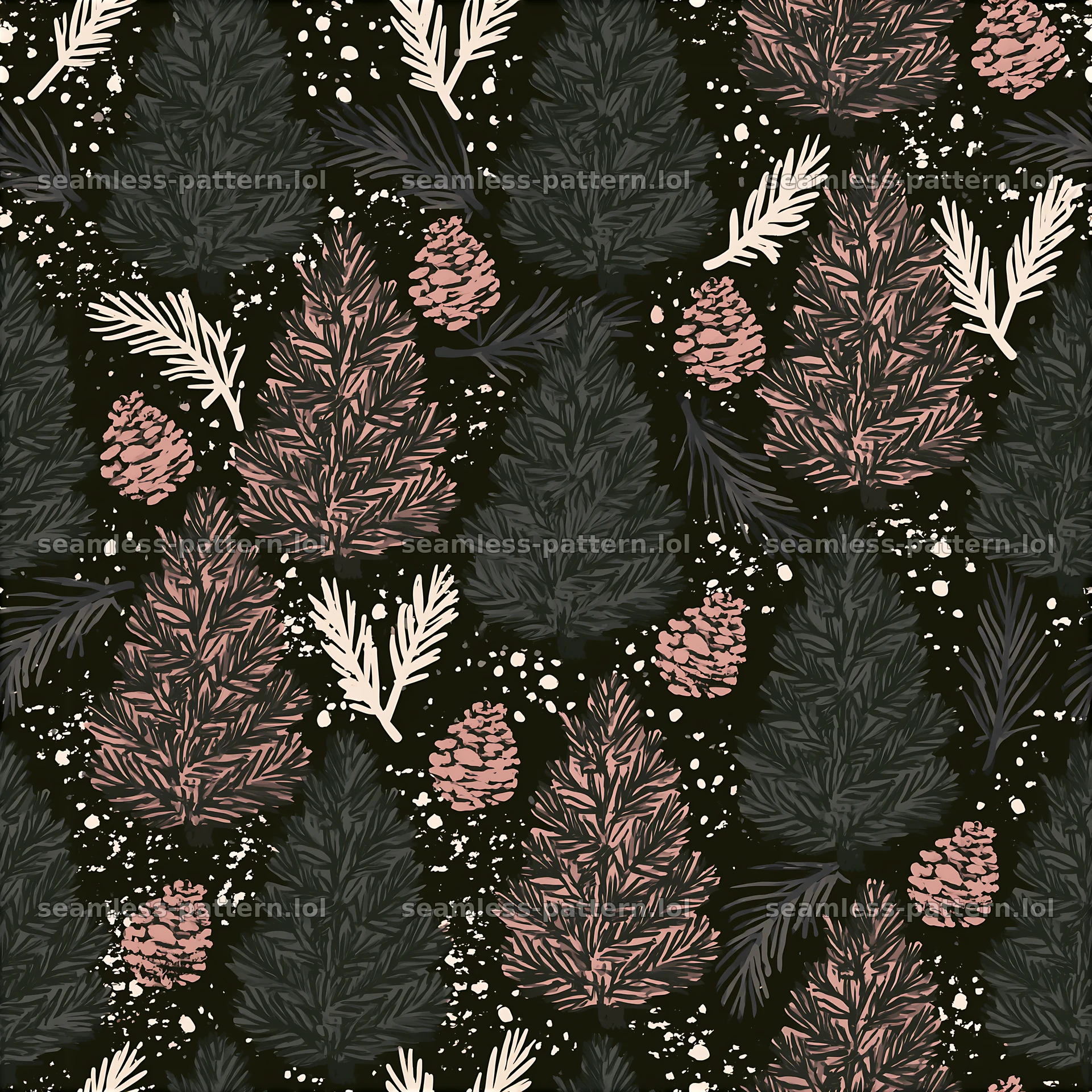 Seamless fir tree pattern with branches and pine cones on dark background — seamless tileable pattern at 8192x8192