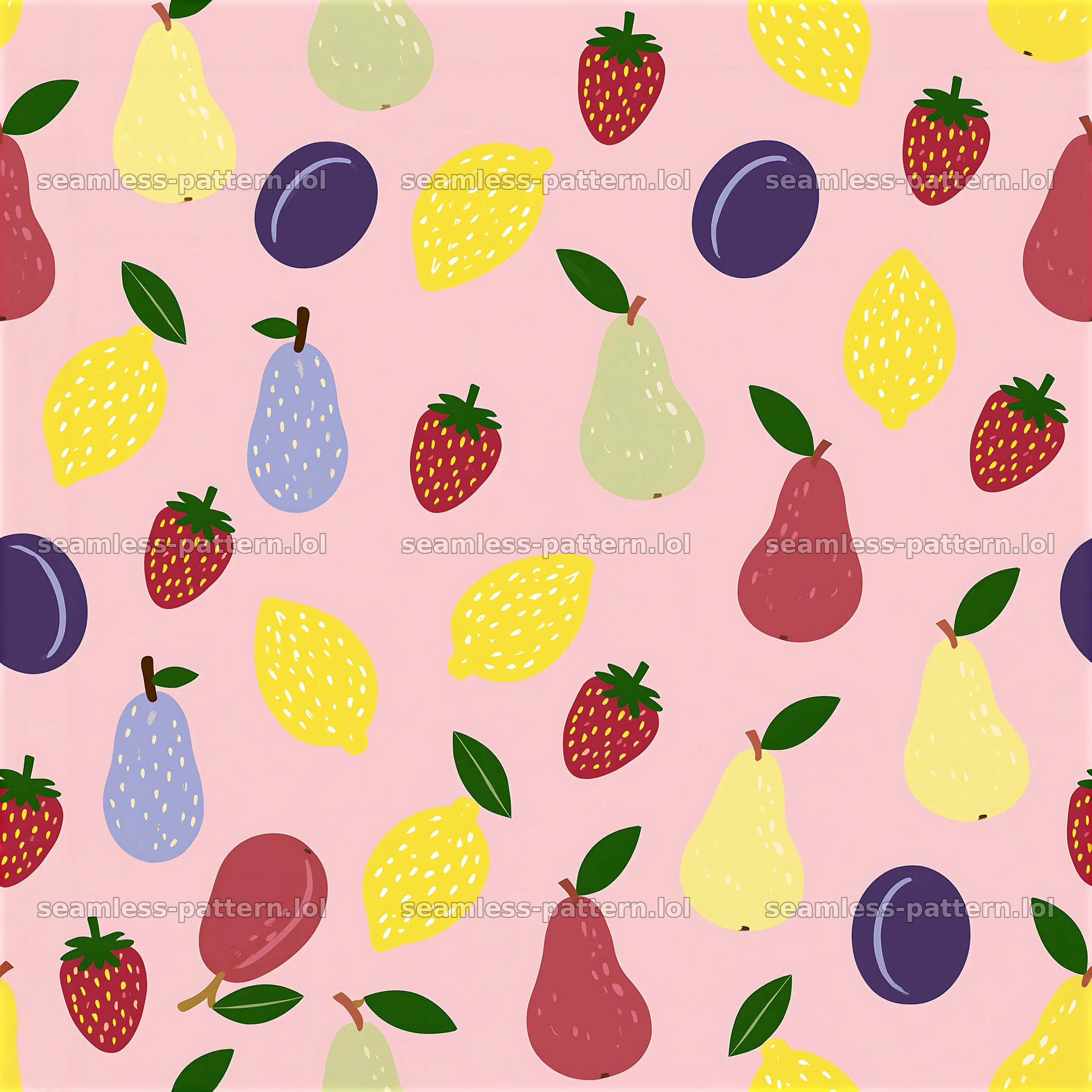 Funky fruit seamless pattern with pears, strawberries, and lemons — seamless tileable pattern at 8192x8192