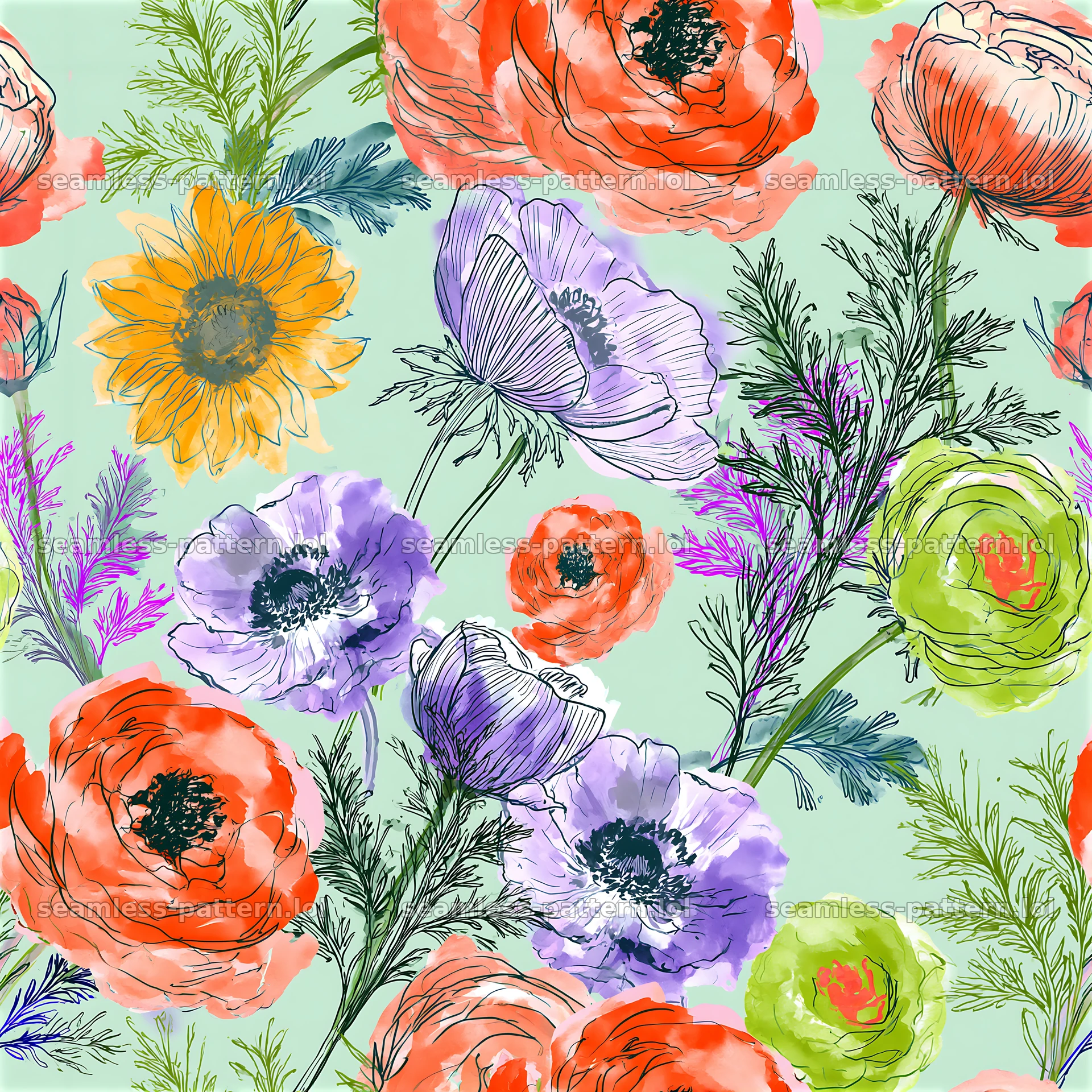 Colorful vibrant floral seamless pattern with bright flowers and greens — seamless tileable pattern at 8192x8192