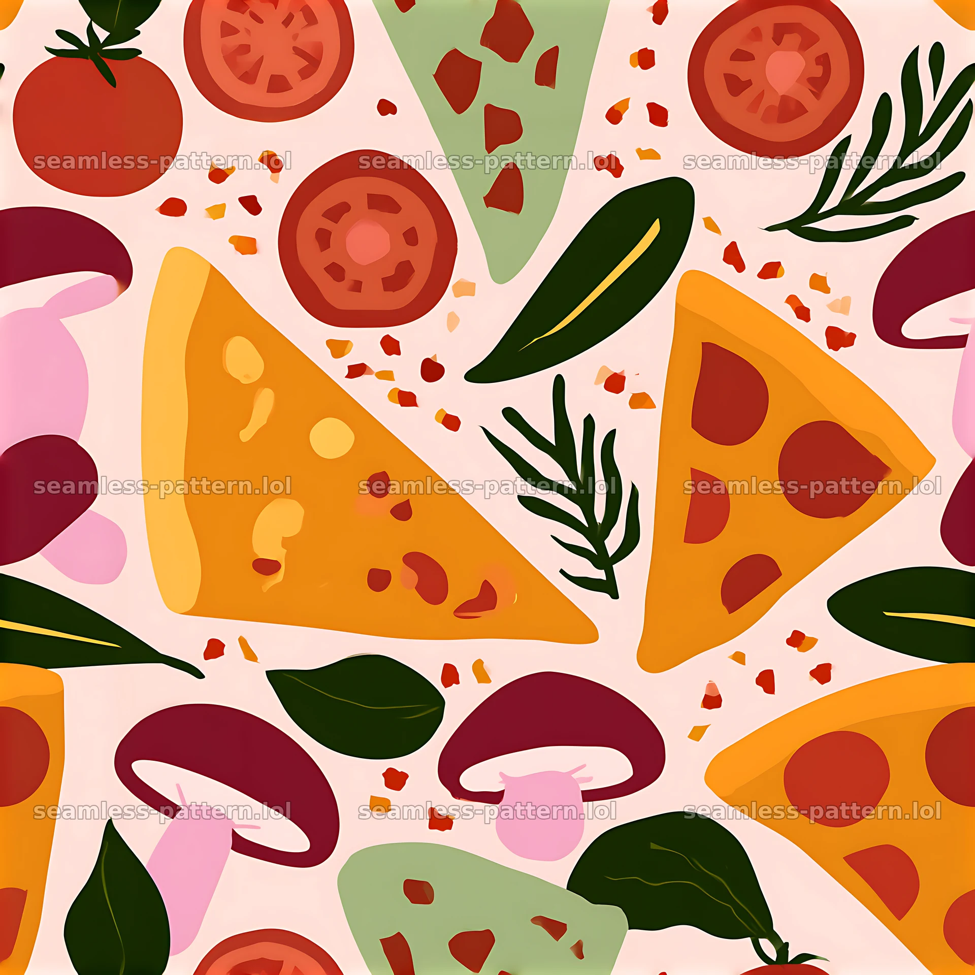 Seamless pizza ingredient pattern with slices, vegetables, and herbs — seamless tileable pattern at 8192x8192