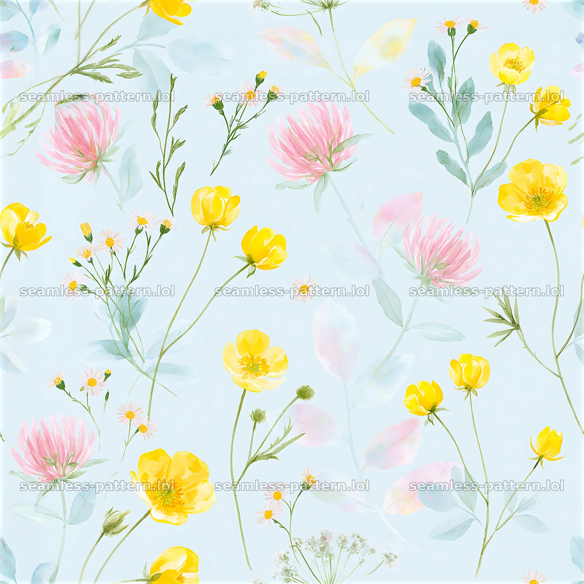 Meadow flower seamless pattern with yellow and pink blooms on a blue background — seamless tileable pattern at 8192x8192