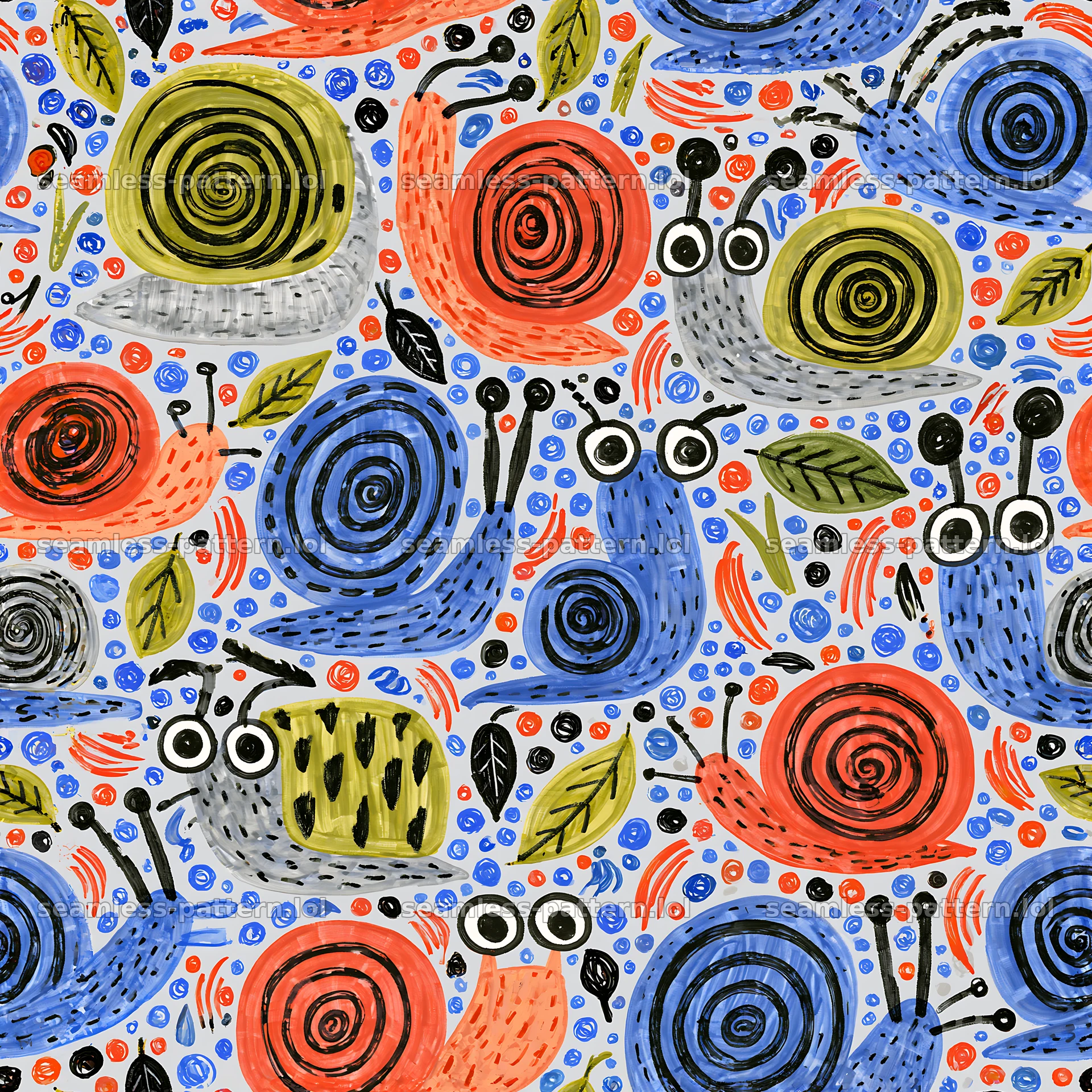 Repeating pattern of hand-drawn snails in bright colors — seamless tileable pattern
