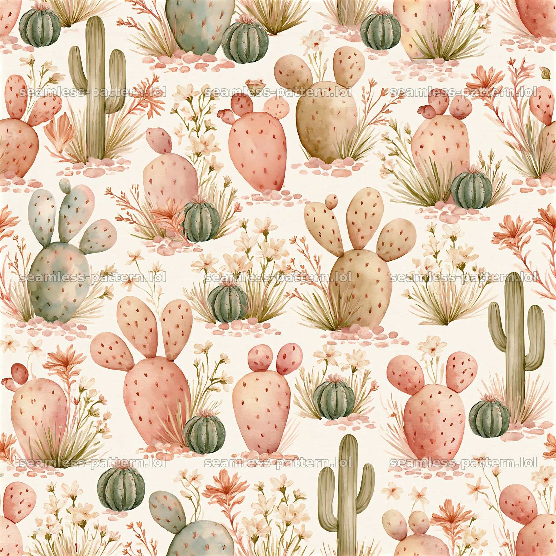 Seamless watercolor desert pattern with cacti and flowers — seamless tileable pattern at 8192x8192