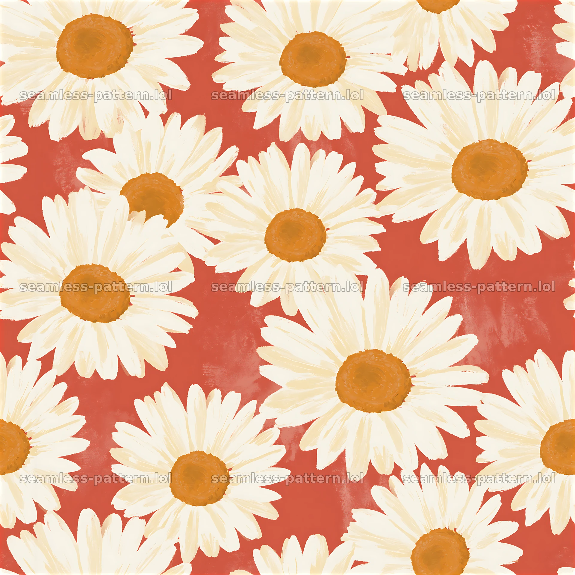 Daisy repeating pattern on a red background with yellow centers — seamless tileable pattern at 8192x8192