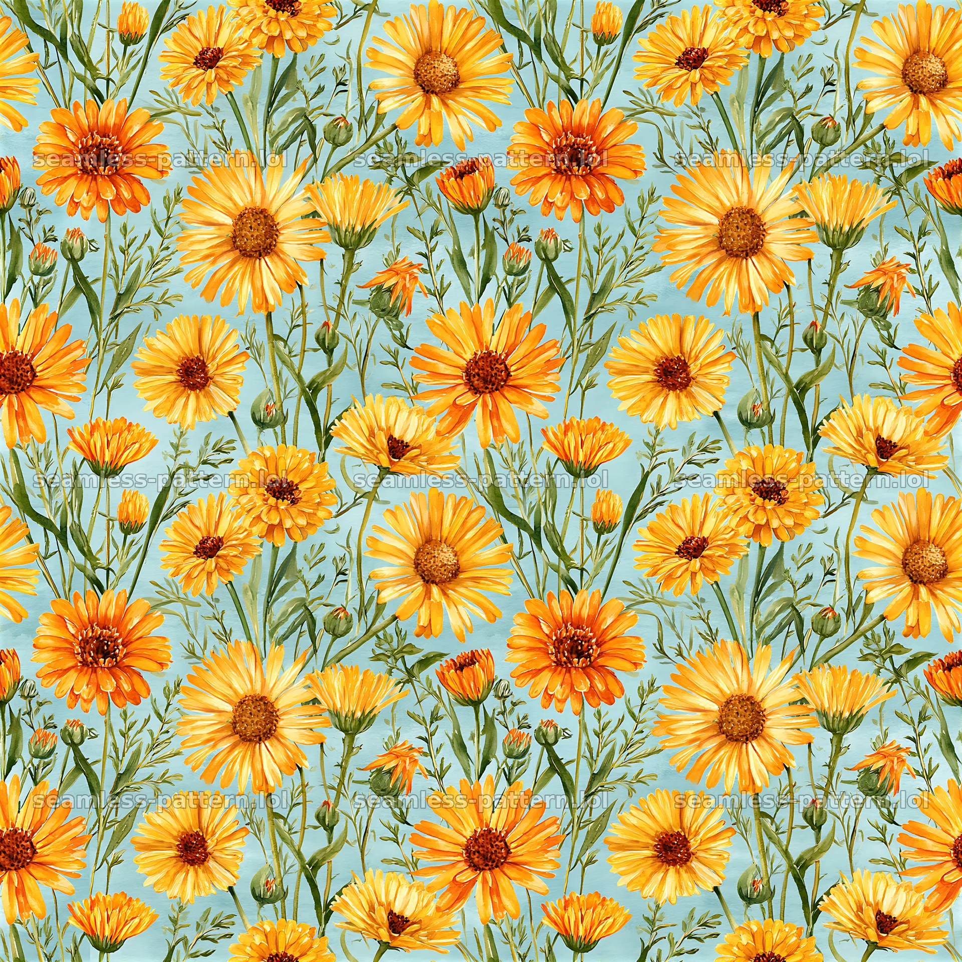 Seamless watercolor floral pattern with orange flowers and green stems — seamless tileable pattern at 8192x8192
