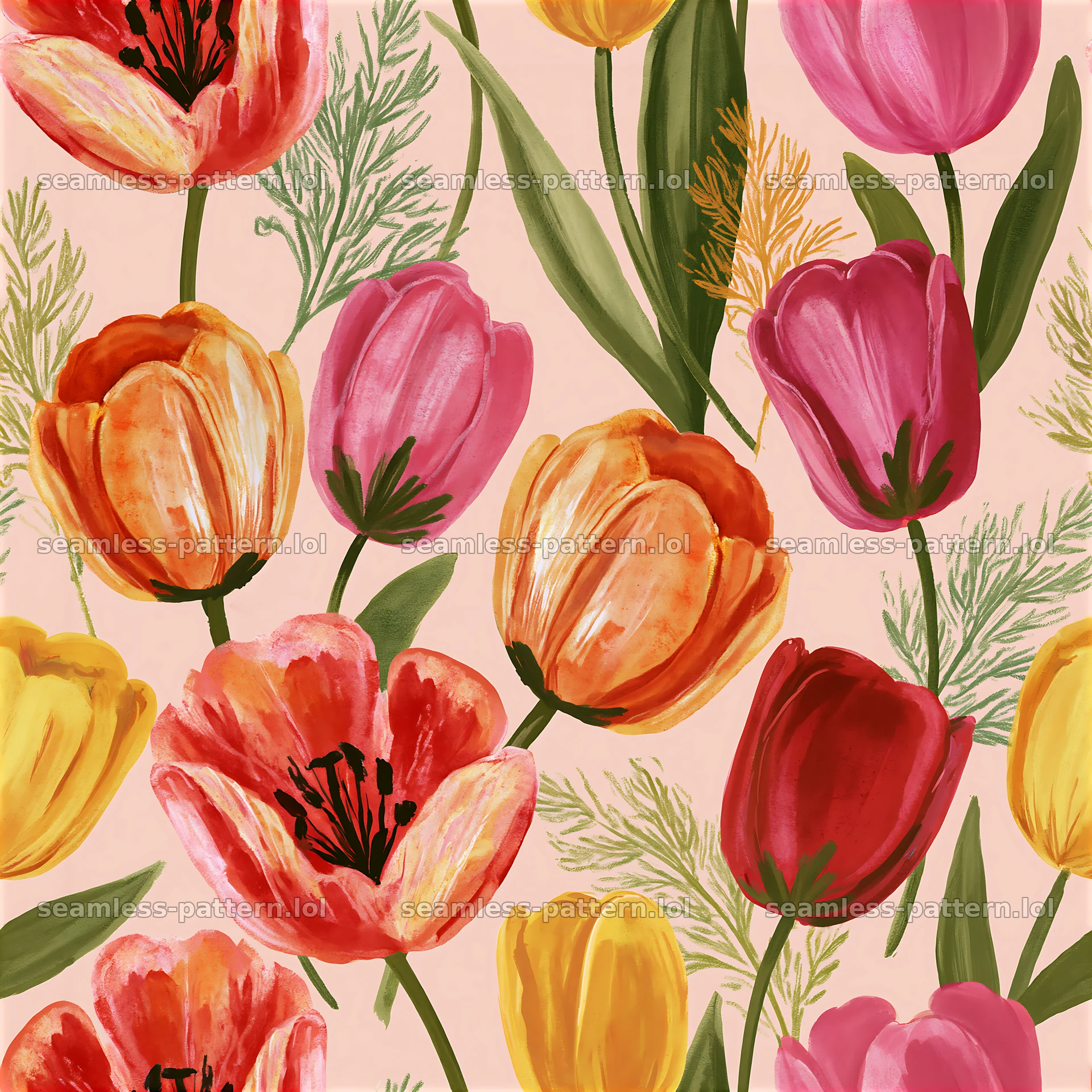Colorful tulip seamless pattern with mixed flower colors and shapes — seamless tileable pattern at 8192x8192
