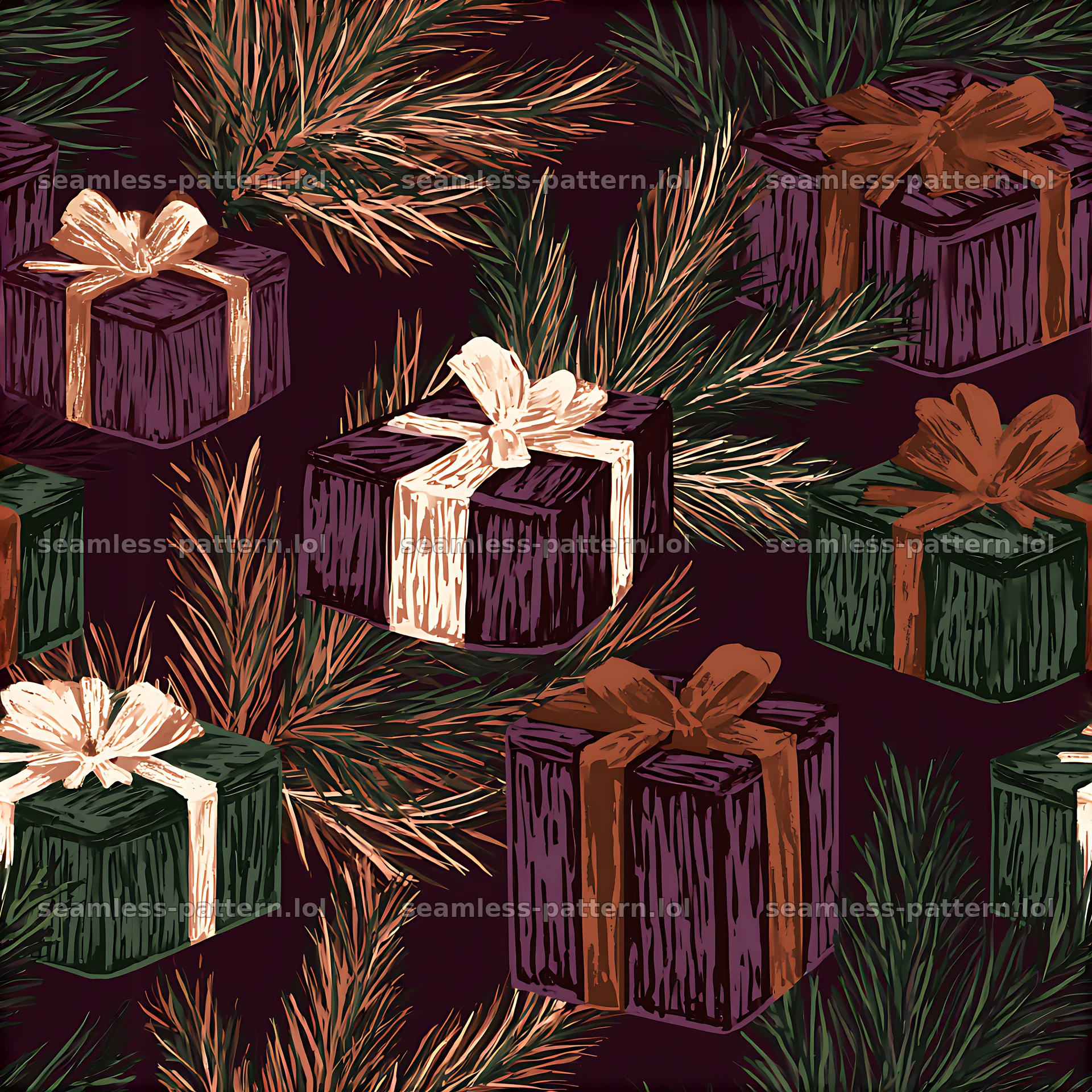 Seamless pattern of holiday parcels and pine sprigs in rich colors — seamless tileable pattern at 8192x8192
