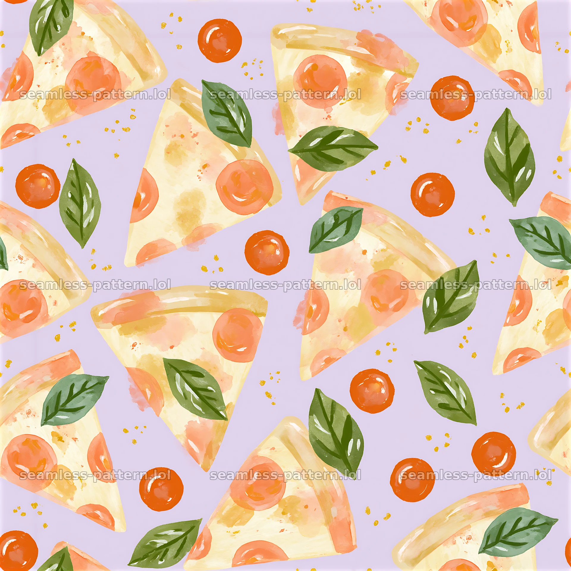 Seamless nursery pizza pattern with slices and tomatoes on a light background — seamless tileable pattern at 8192x8192