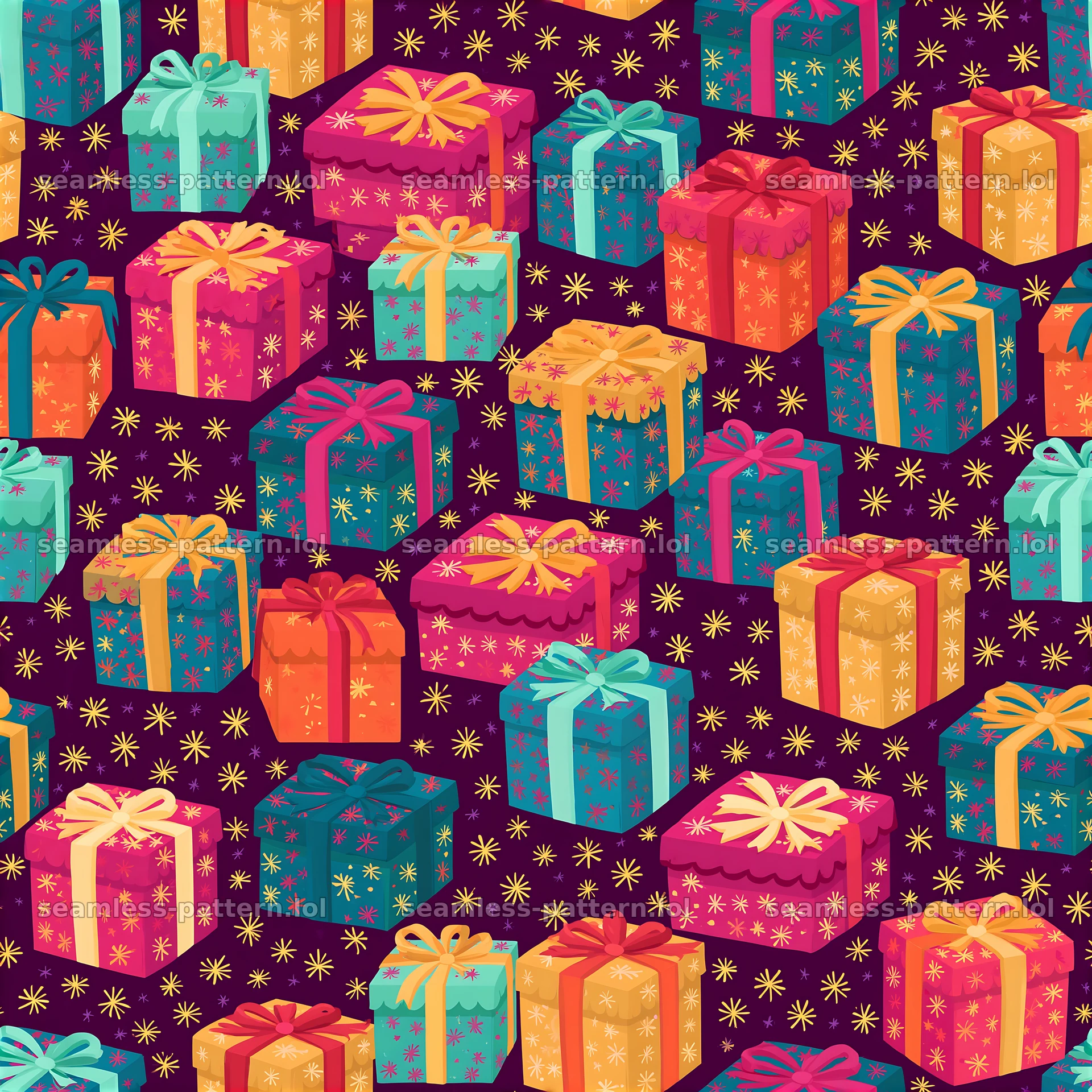Seamless texture with colorful birthday packages on dark background — seamless tileable pattern at 8192x8192