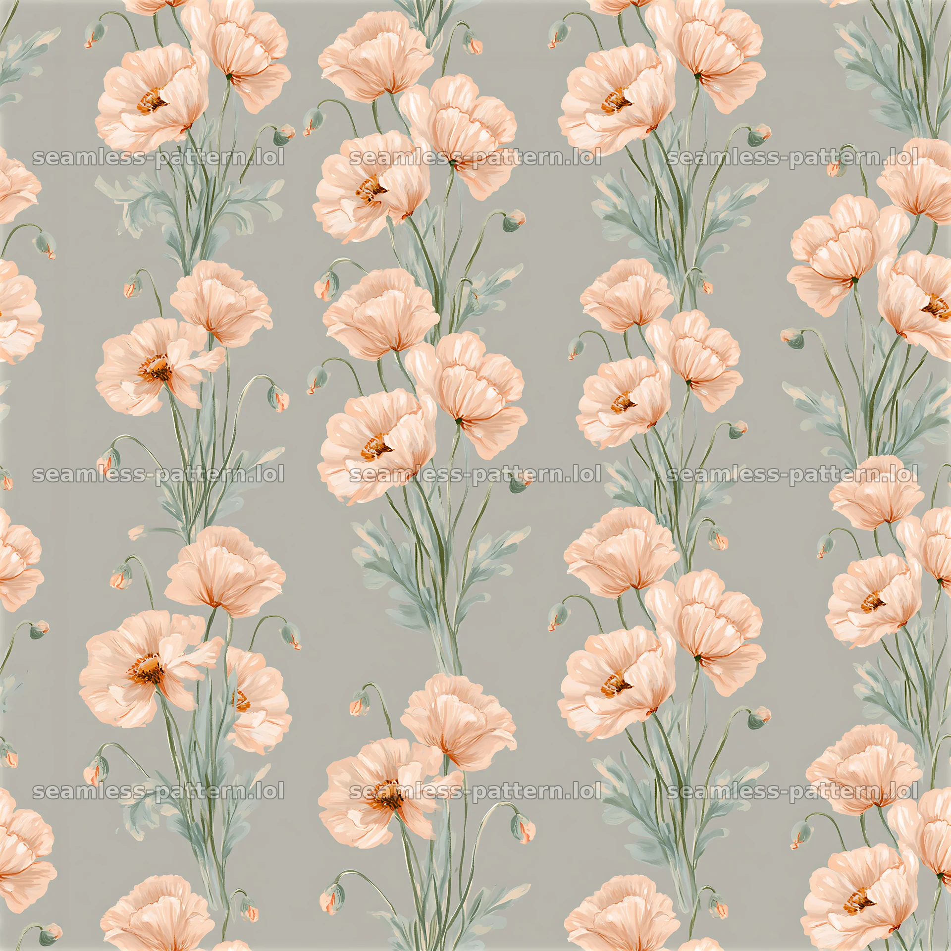 Poppy repeating pattern with soft pink flowers on light gray background — seamless tileable pattern at 8192x8192
