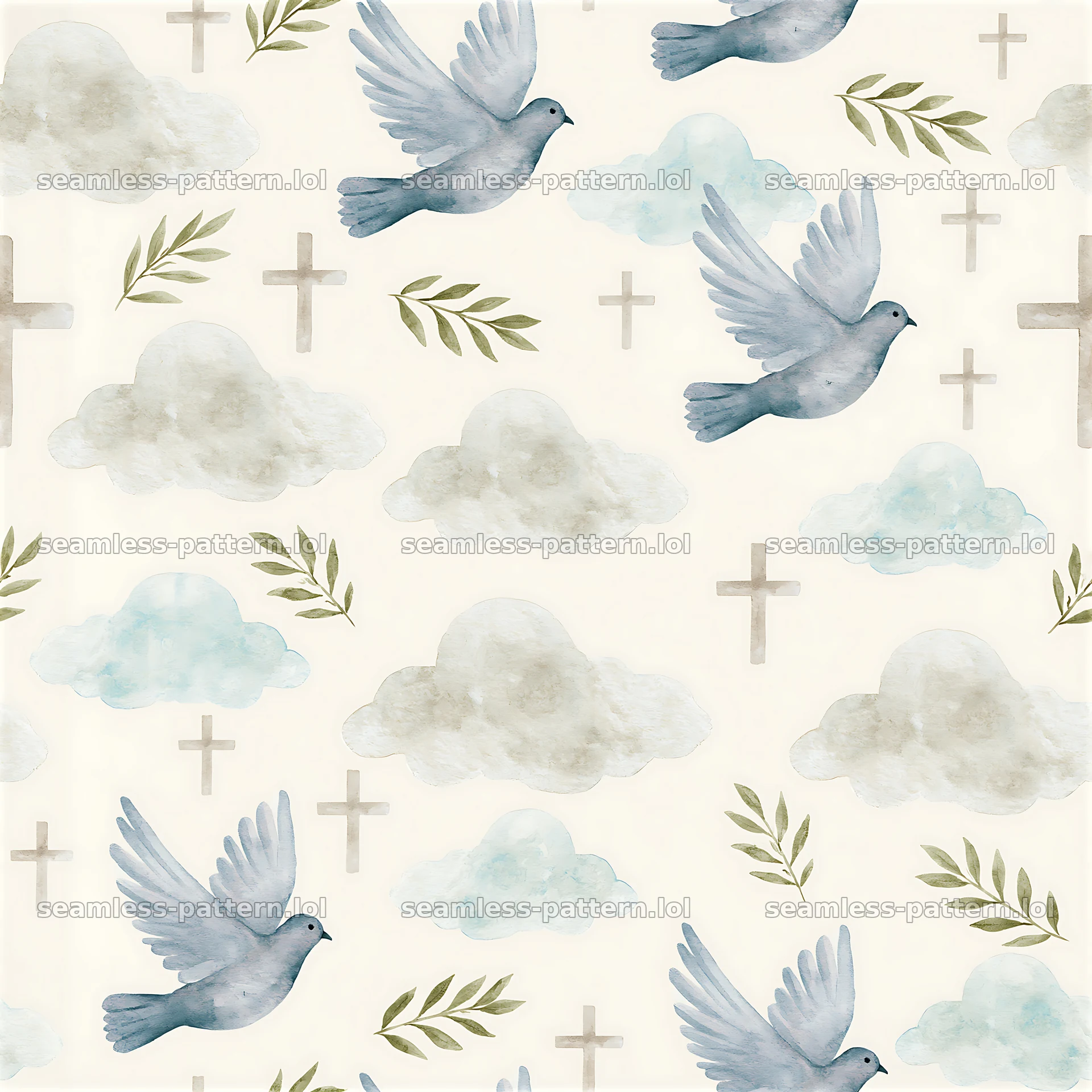 Seamless Christian faith pattern with watercolor doves and clouds — seamless tileable pattern at 8192x8192