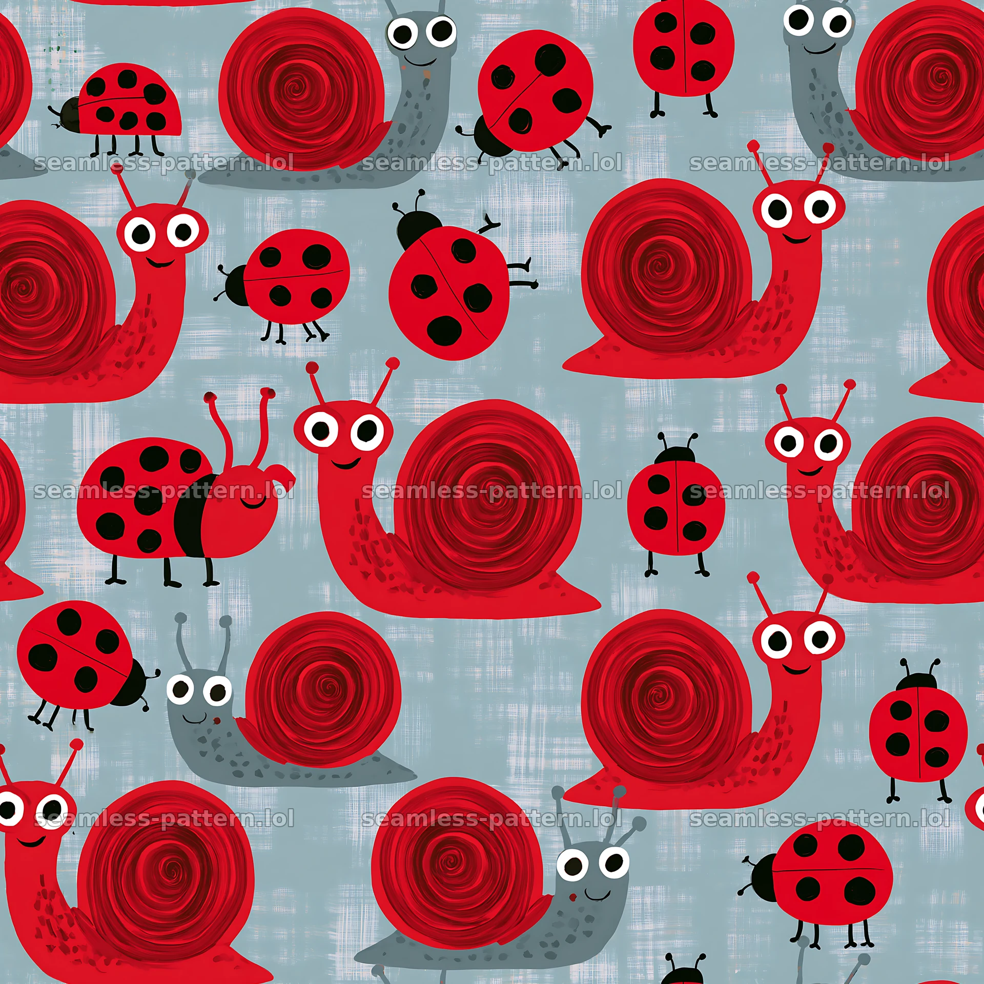 Red snail pattern with ladybugs repeat pattern — seamless tileable pattern
