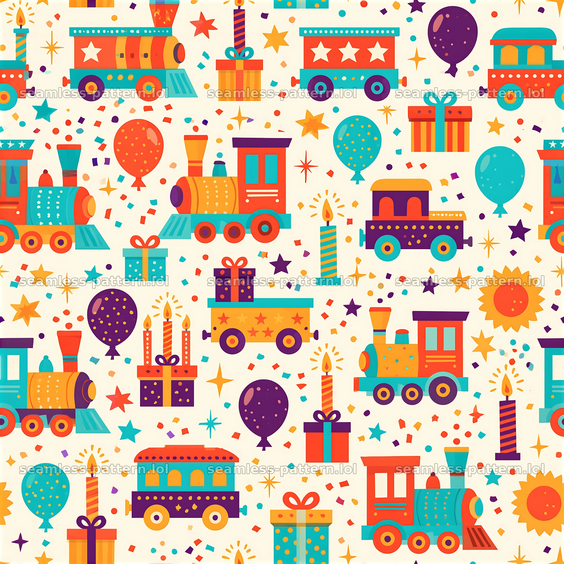 Birthday trains seamless pattern featuring colorful trains, gifts, and balloons — seamless tileable pattern at 8192x8192