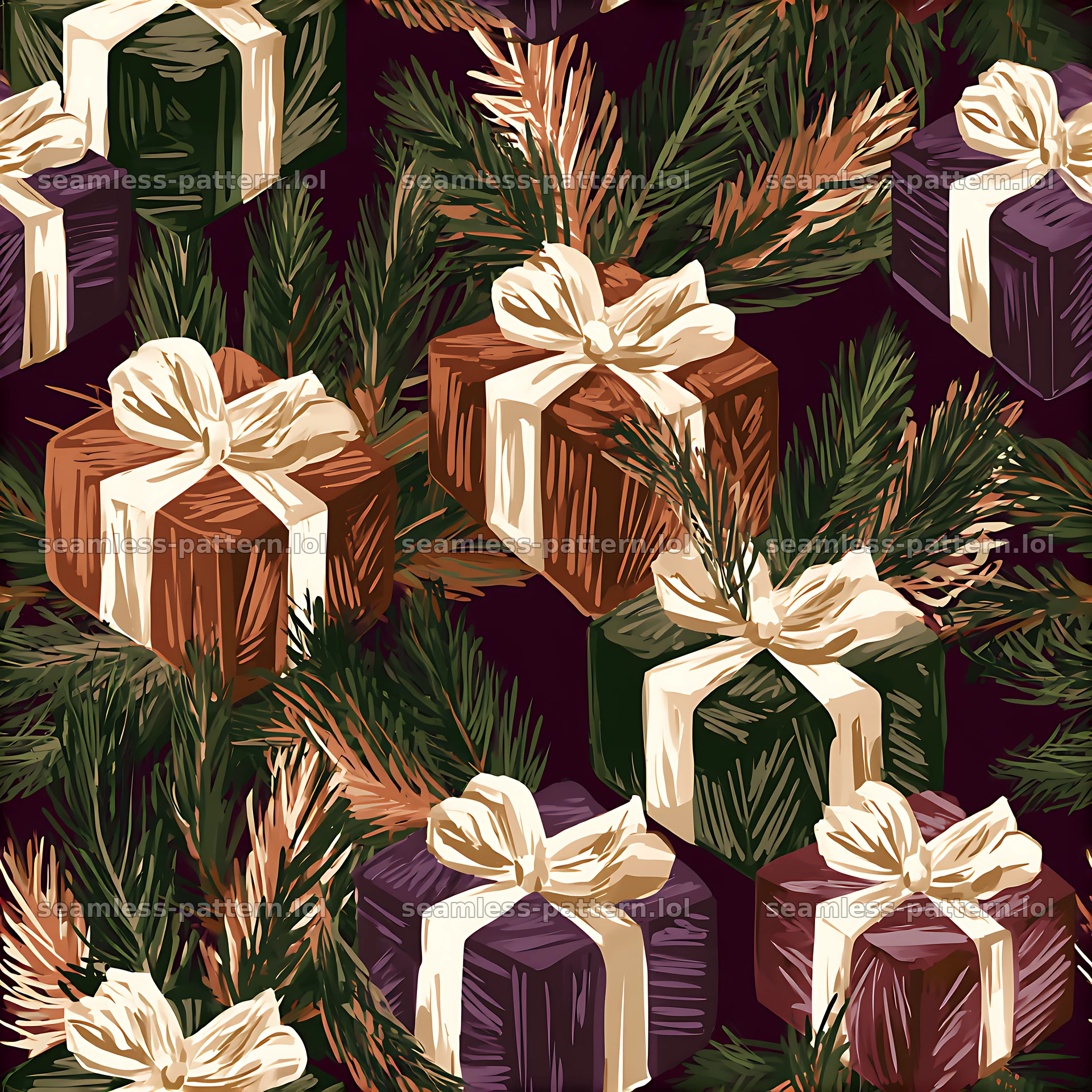 Seamless pattern of holiday parcels and pine sprigs on dark background — seamless tileable pattern at 8192x8192
