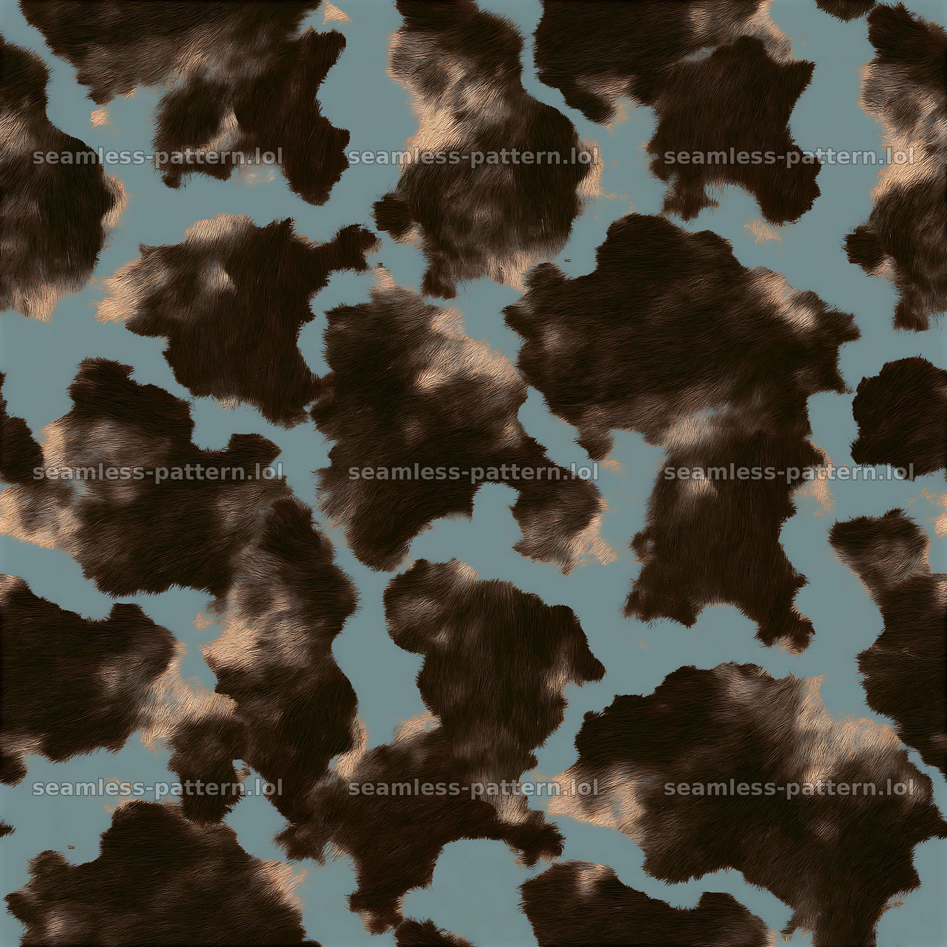 Seamless chocolate brown cowhide repeat pattern against blue background — seamless tileable pattern at 8192x8192