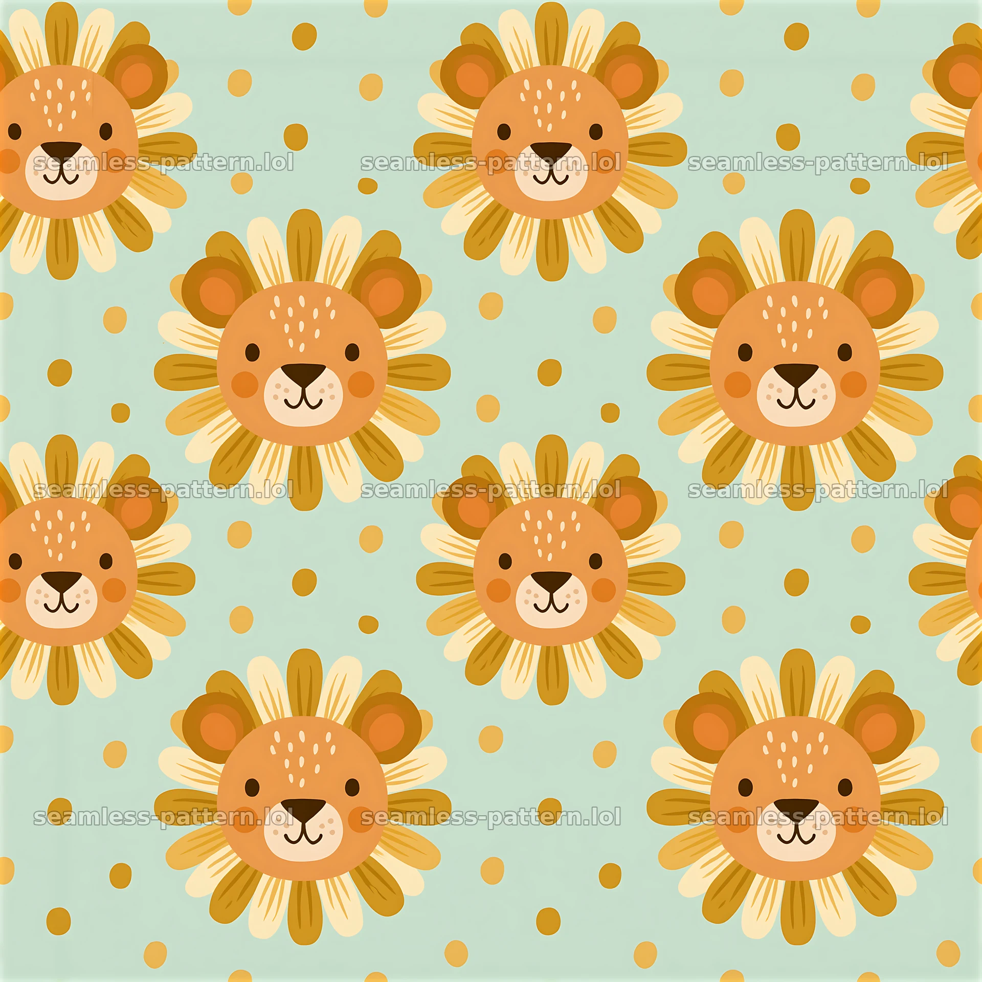Safari nursery lion face repeat pattern for children's décor — seamless tileable pattern at 8192x8192