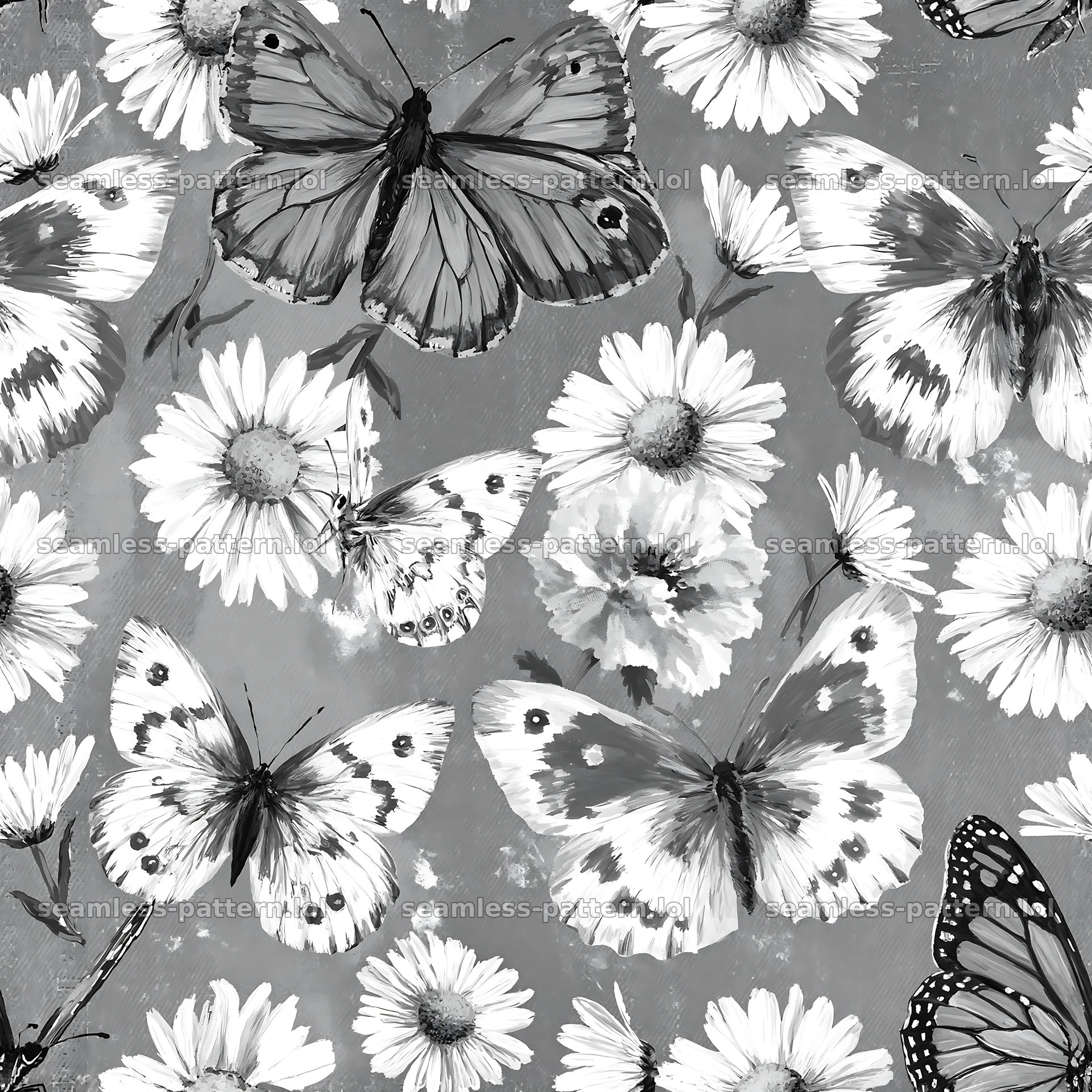 Butterfly and daisy seamless pattern in black and white — seamless tileable pattern