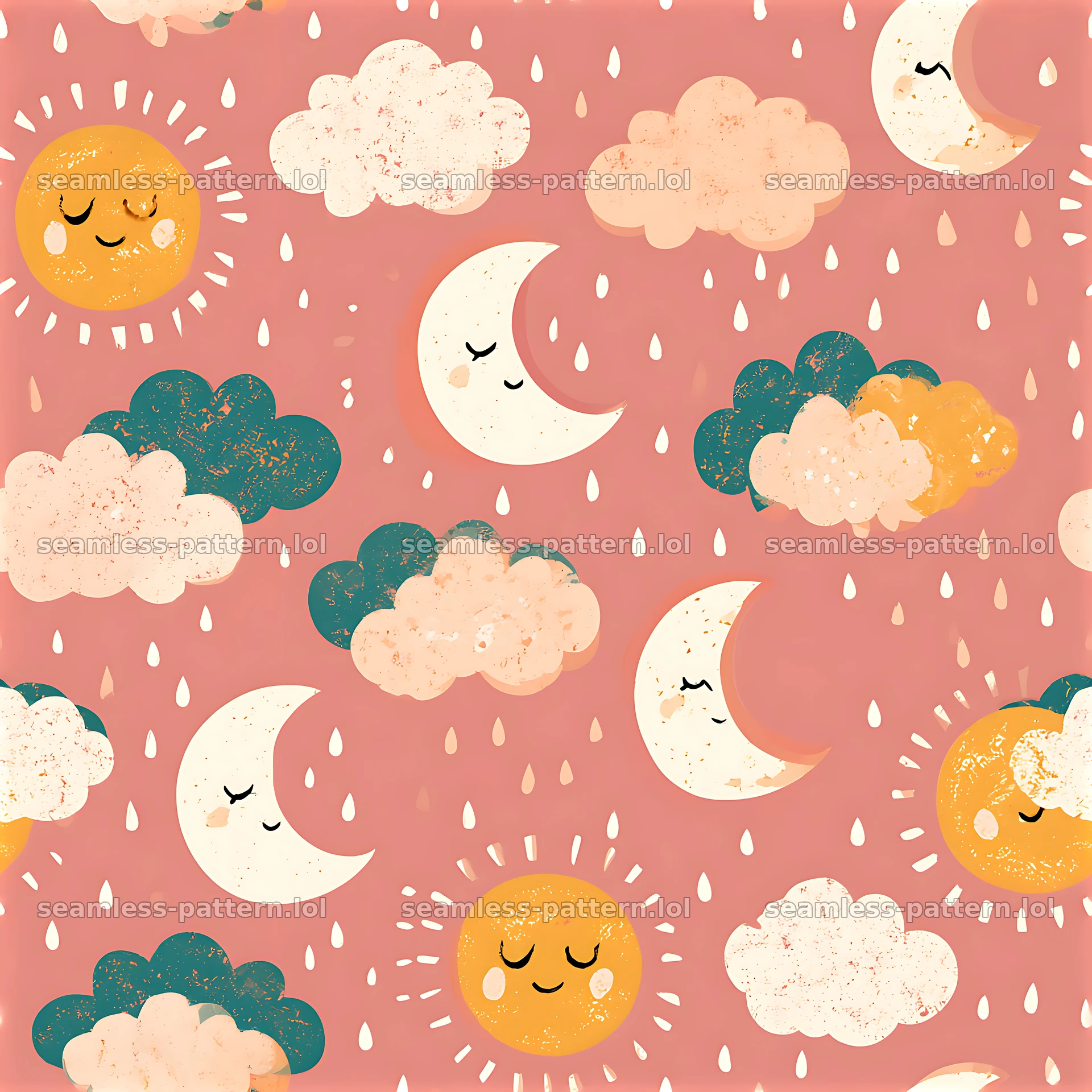 Cute sun and cloud seamless pattern with smiling features and soft colors — seamless tileable pattern at 8192x8192
