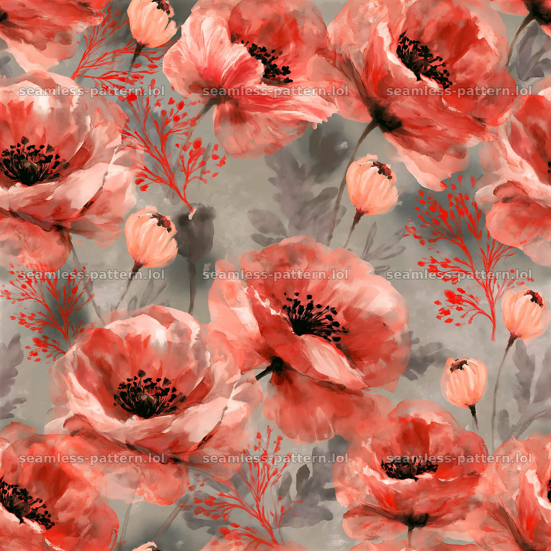 Tileable watercolor red flower pattern with soft grey background — seamless tileable pattern at 8192x8192