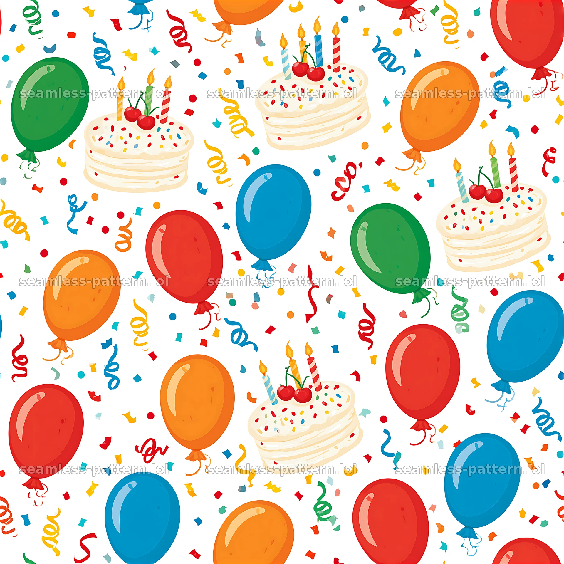 Colorful balloons and vintage birthday cake seamless pattern — seamless tileable pattern at 8192x8192