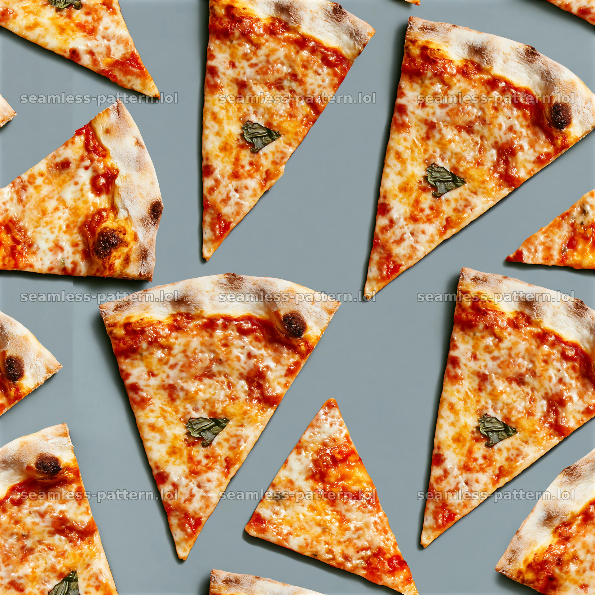 Seamless cheese pizza pattern on a gray surface with pizza slices — seamless tileable pattern at 8192x8192